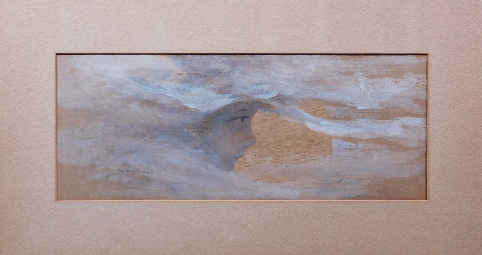 Harlan Paige Buckland: Peter Pan or Boy in the Moon: Harlan Paige Buckland (American, 1842 - 1919) : Peter Pan or Boy in the Moon. Watercolor on heavy etched paper, signed lower left, unframed, hinged to mat board. See: Christies 6/16/2010 lot 48, and N