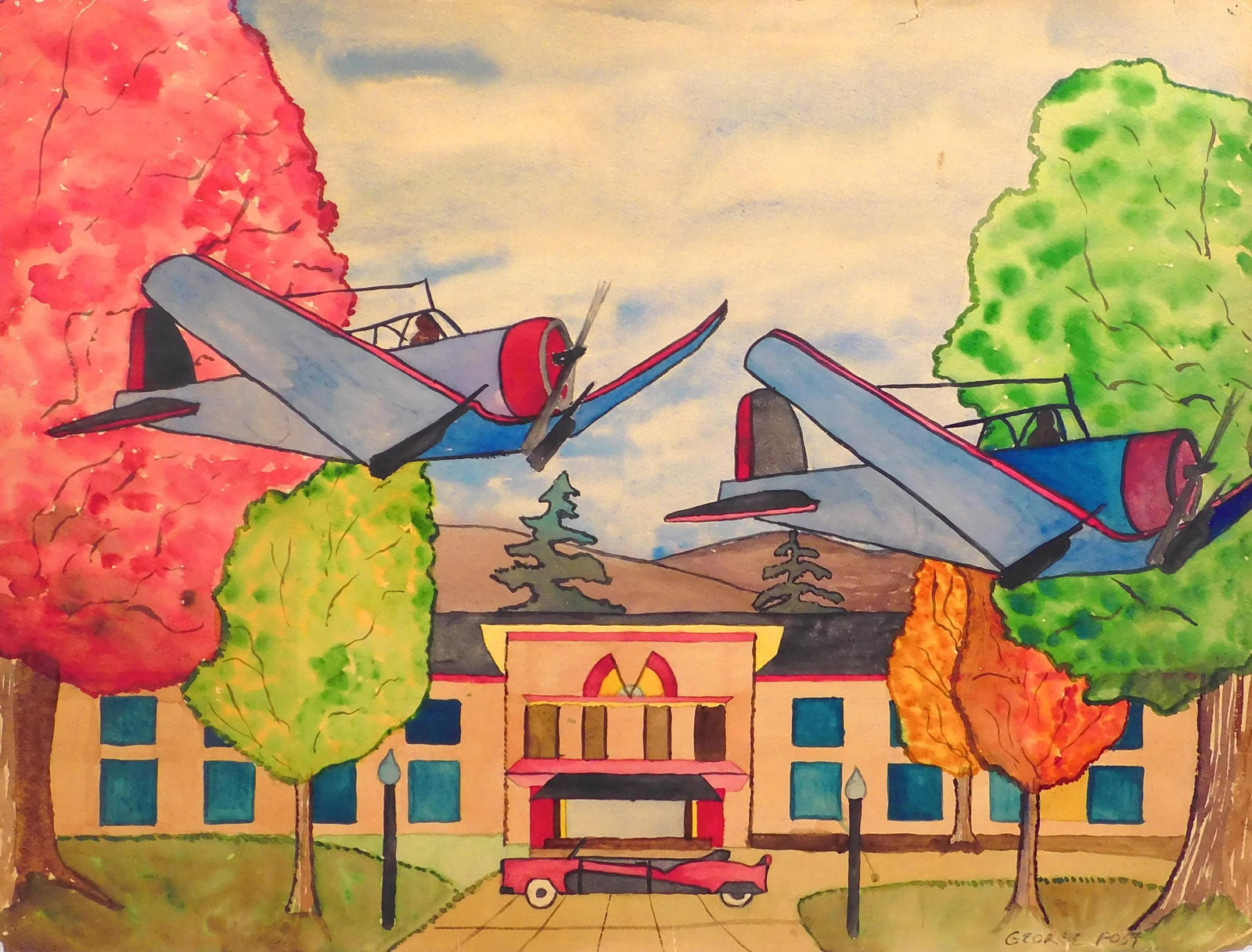 George Post, Attributed: Flight School: George Booth Post (American, 1906 - 1997), Attributed: Flight School. Watercolor on paper, signed lower right, unframed. 18 x 24 inches paper. Private collection, Madison, Wisconsin, USA. Good conditi