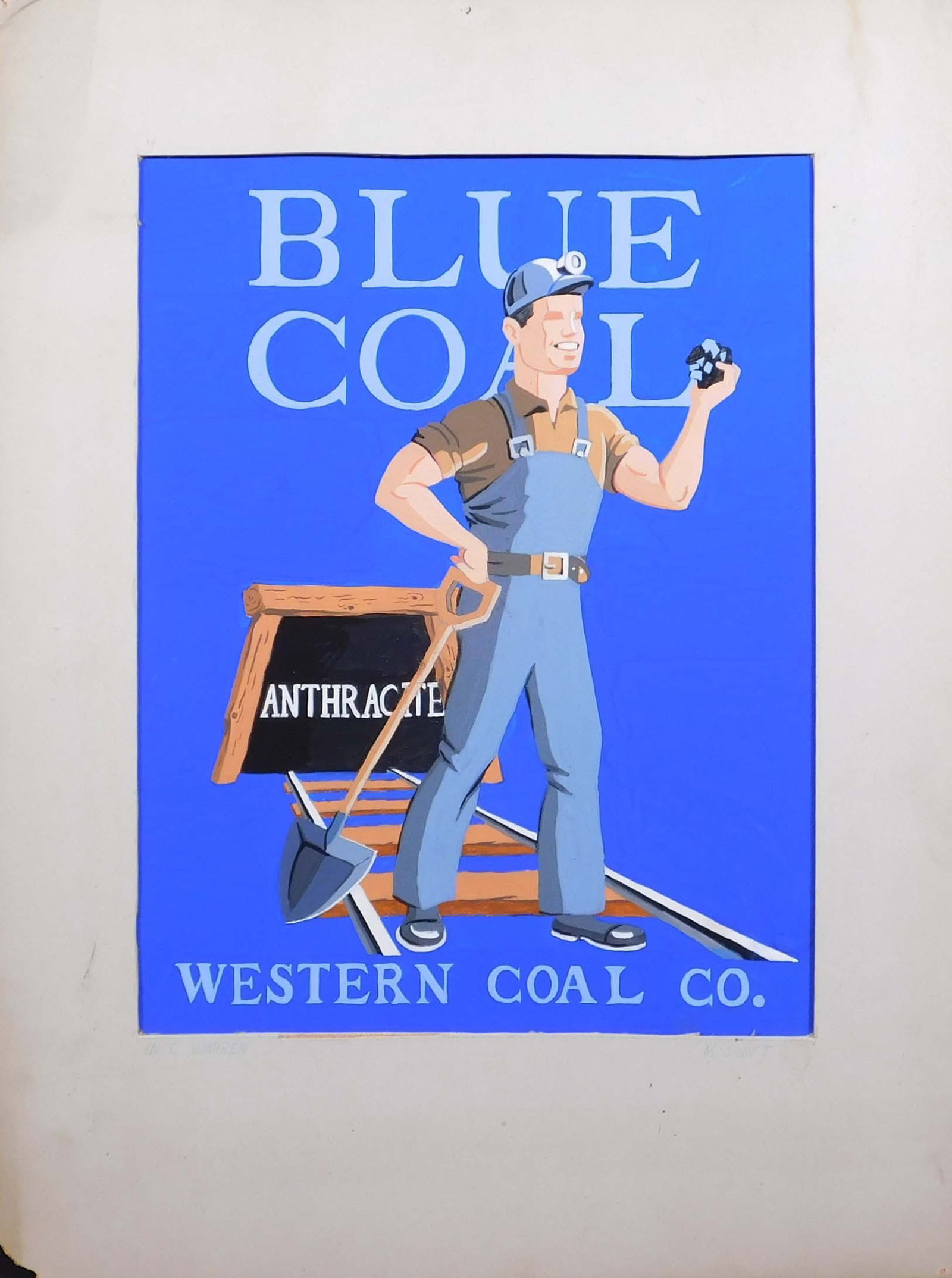 M. Swift : Blue Coal, Western Coal Co: M. Swift (American, 20th Century): Blue Coal, Western Coal Co., 1946. Gouache on illustration board. Signed on mat board support. 17.5 x 13 inches matboard; 15 x 10 inches illustration board. Private