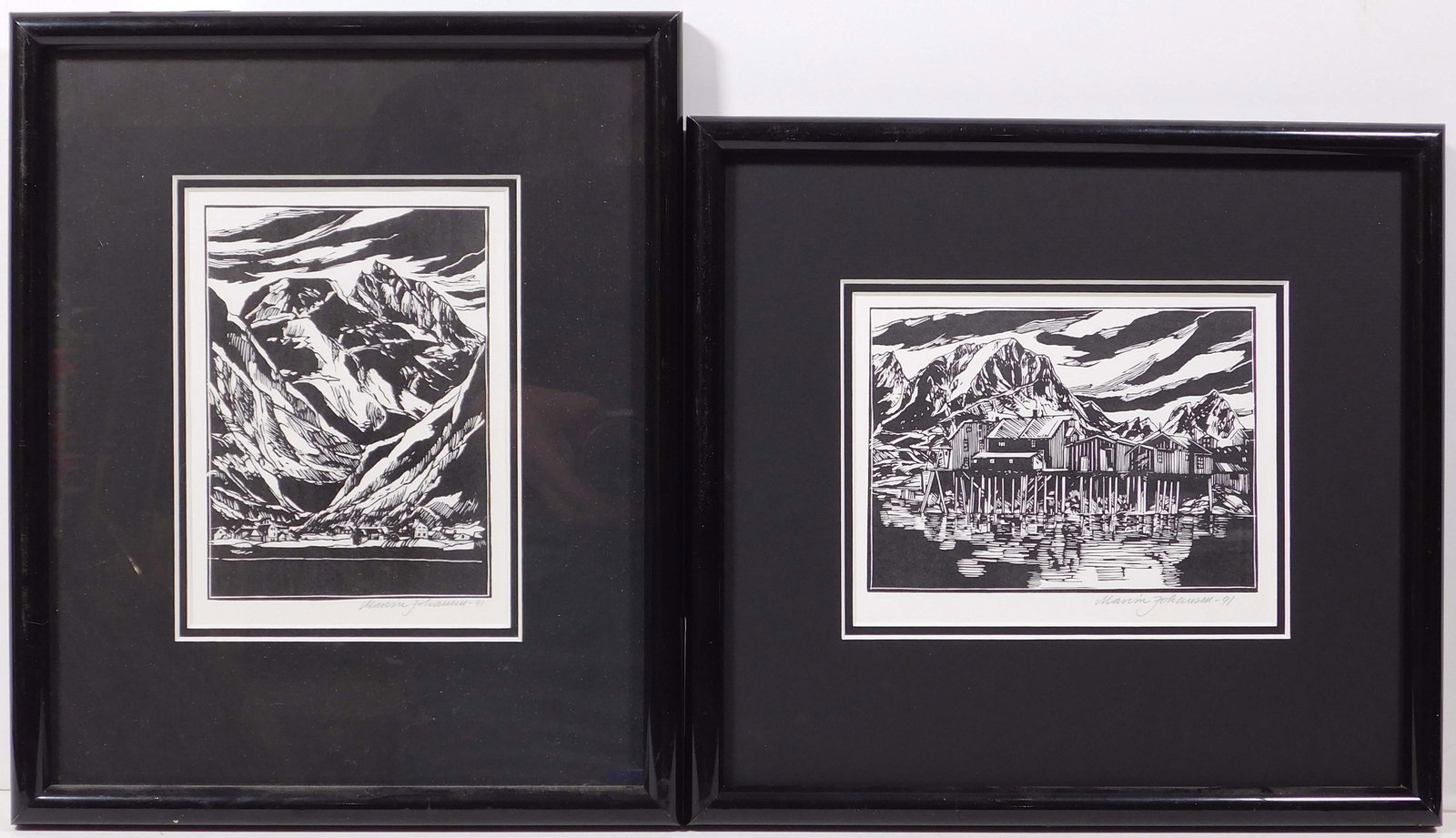 Marion Johansen: Alaskan Sea Town (2 Engravings): Marion Johansen (20th Century): Alaskan Sea Town. Pair of Wood engravings, 1991. Wood engravings, signed in pencil lower right, un numbered, framed. The horizontal print is framed without glass.10.25