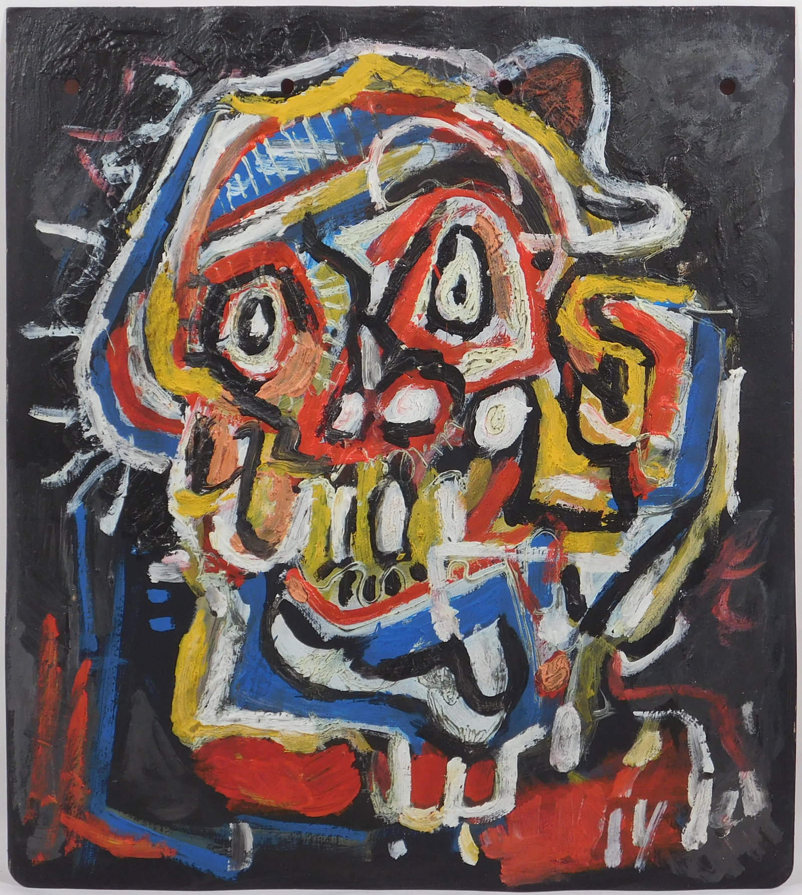 Jean-Michel Basquiat, Attributed: Cabeza: Jean-Michel Basquiat (American, 1960-1988) Attributed: Cabeza. Mixed media on found card board, signed and marked with crown verso, unframed. Basquiat first achieved fame as part of SAMO, an informal
