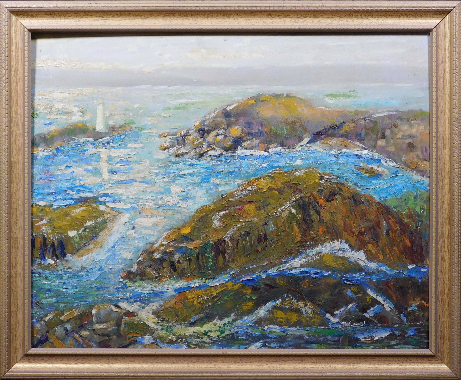 School of Childe Hassam : Coastal Landscape: School of Childe Hassam (American, 1859-1935): Coastal Landscape. Oil on masonite, unsigned, framed. Frederick Childe Hassam was an American Impressionist painter, noted for his urban and coastal scen