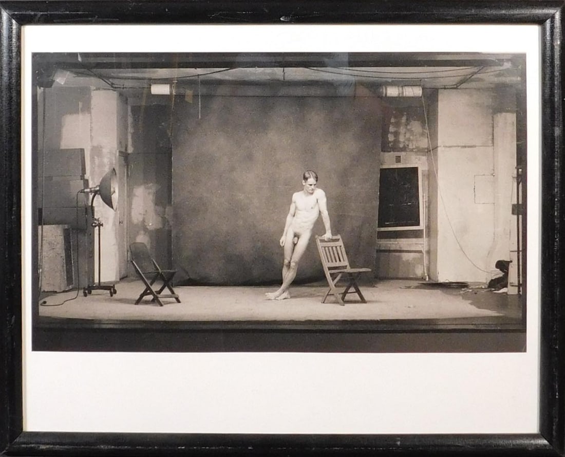 Doug Neal: Male Nude Posing: Doug Neal (American, 20th Century): Male Nude Posing, ca. 1989. Silver gelatin print, unsigned, framed. 18 x 20 inches framed. Private Collection, New England Good aged condition, small scuff to the f