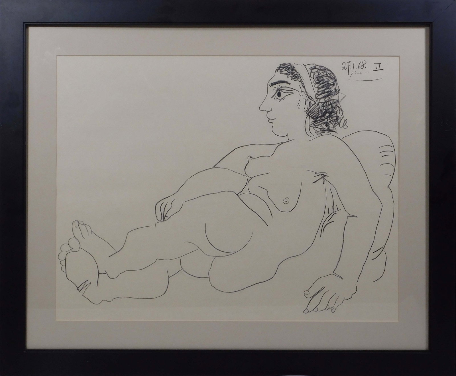 Pablo Picasso, Style of: Femme Nue Allongee: Pablo Picasso (Spanish, 1881-1973) Style of: Femme Nue Allongee, 27.1.68 II. Graphite on laid paper, signed and dated upper right, professionally framed. 26 x 31 1/8 inches framed; 18.5 x 23.5 inches 
