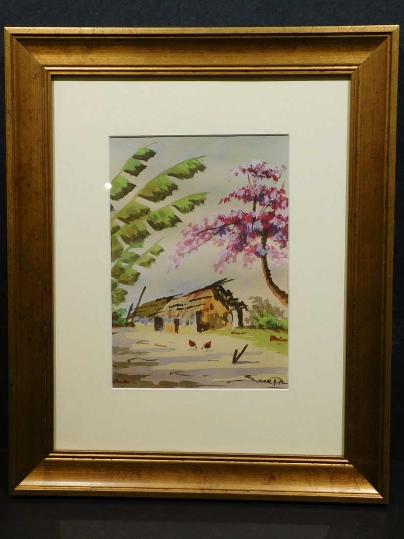 Tropical Home: Tropical Home. Watercolor on paper, indistinct signature lower right, framed. 6.5 x 9.25 inches sight, 13.75 x 16.75 inches framed. Private Collection, New England Good condition. NOTE: If documentati