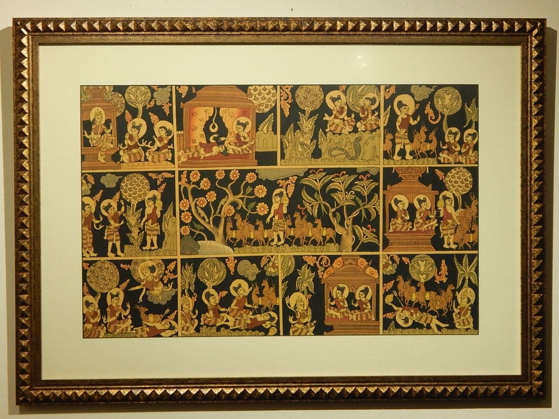 Thai Buddhist Story: Thai Buddhist Story. Silkscreen and brushwork on fabric, unsigned, framed. 26.25 x 16.75 inches sight, 35.5 x 25.75 inches framed. Private Collection, New England Good condition. NOTE: If documentatio