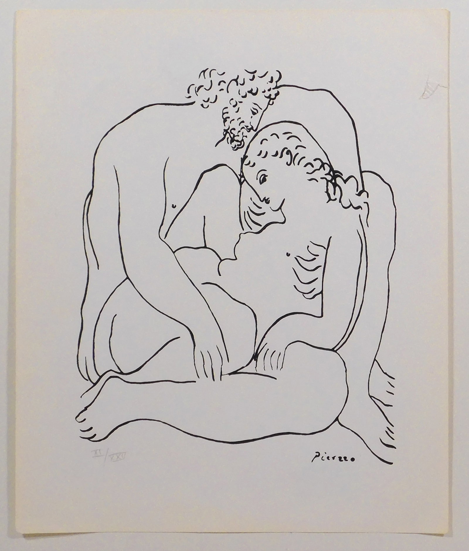 Style of Pablo Picasso: Entangled Figures: Style of Pablo Picasso (Spanish, 1881-1973): Entangled Figures. Lithograph on paper mounted to matboard, signed in plate, numbered in pencil (XI/XXV), unframed. 18 x 15.5 inches mat board; 16 x 13 inc