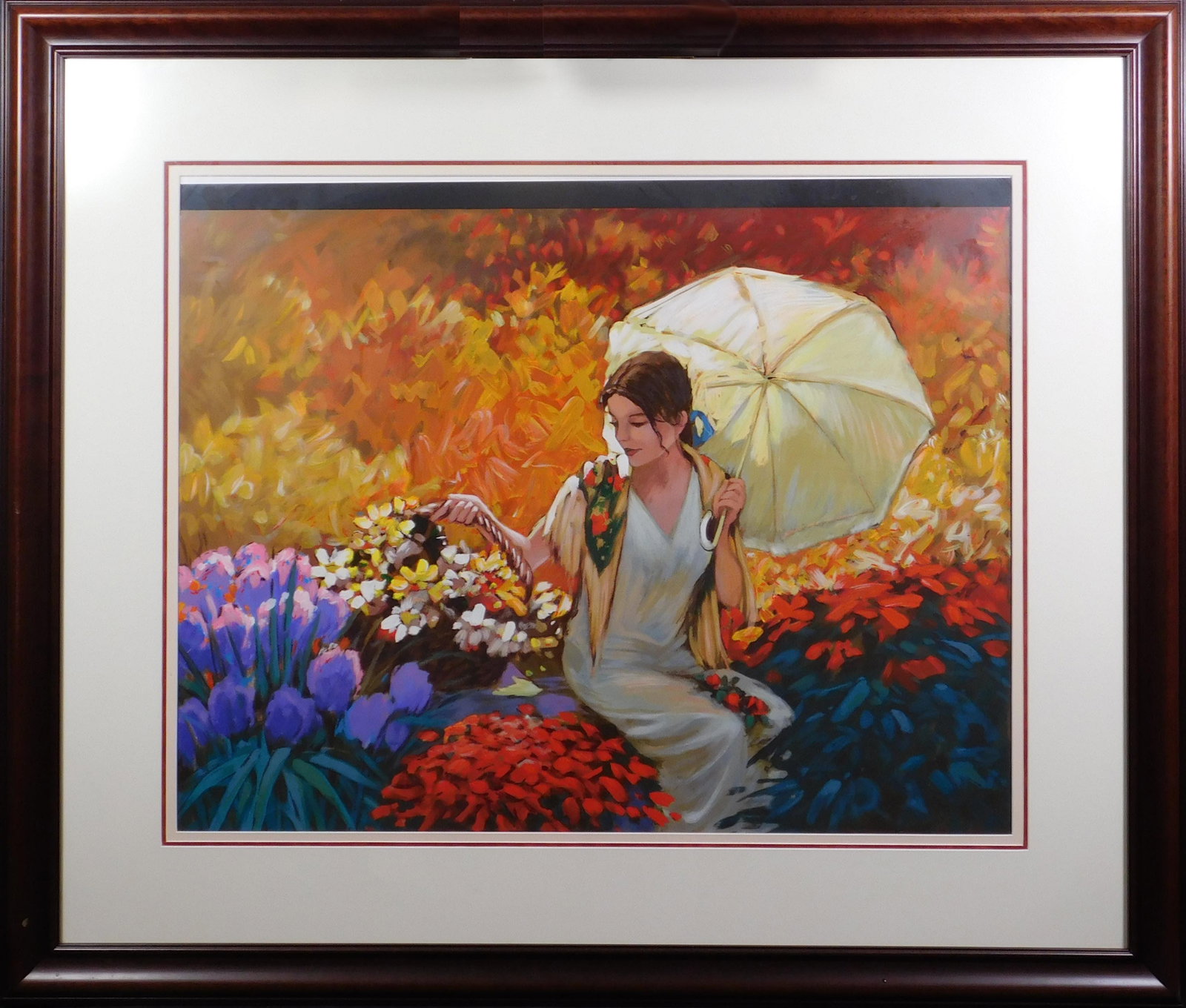 Littorio del Signore: Woman in a Garden with a Parasol: Littorio del Signore (1938, Italian/ Canadian): Woman in a Garden with a Parasol. Serilithograph on paper. Born in 1938, in Sulmona, Italy, Littorio del Signore and his family have been living in