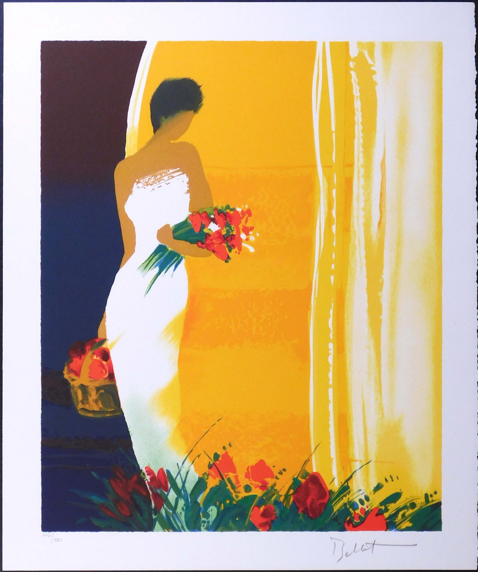 Emile Bellet: Woman in White: Emile Bellet (French, 1941-1922): Woman in White. Lithograph in color on wove paper. Signed in pencil lower right and numbered 246/450. Emile Bellet's paintings are notorious for the mysterious