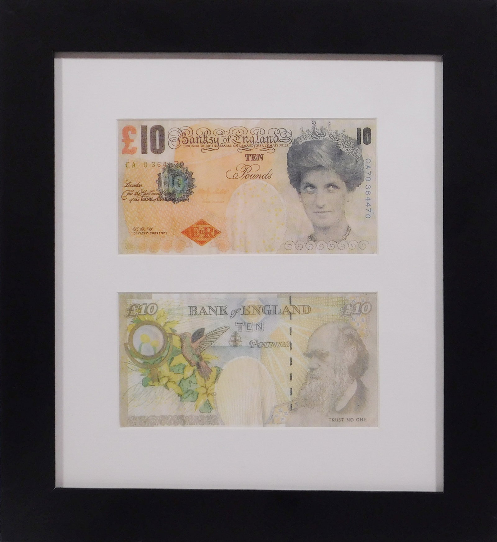 Banksy (Manner of/ Attributed): Two Difaced Tenners: Banksy (British, b. 1974) (After): Two Difaced Tenners, giclee prints, framed with glass front and back, unsigned. In 2004, Banksy printed 1 million pounds worth of fake 10 pound notes that replaced t