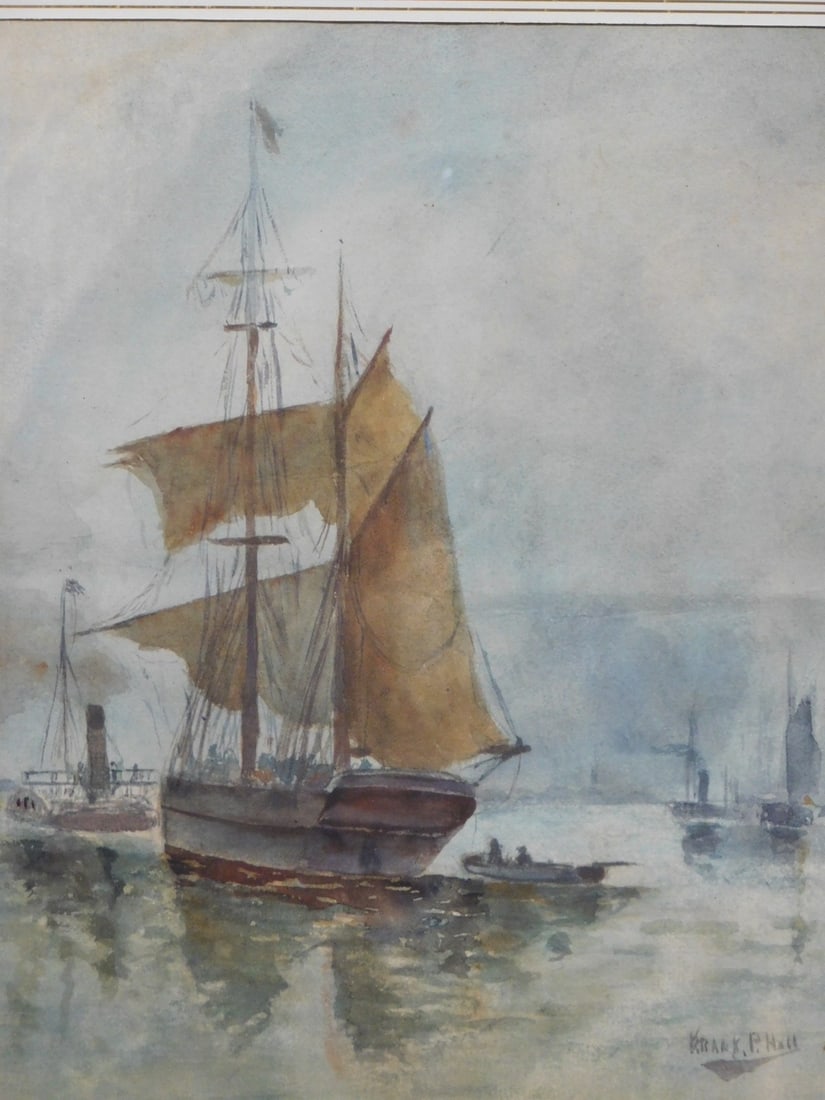 Frank P. Hall: Harbor Scene: Frank P. Hall (American, 20th c.): watercolor on paper, signed bottom right, framed. 9 1/2 x 11" paper, 17 x 19 1/2" Private collection Fair condition. Some creases on paper. NOTE: If documentation