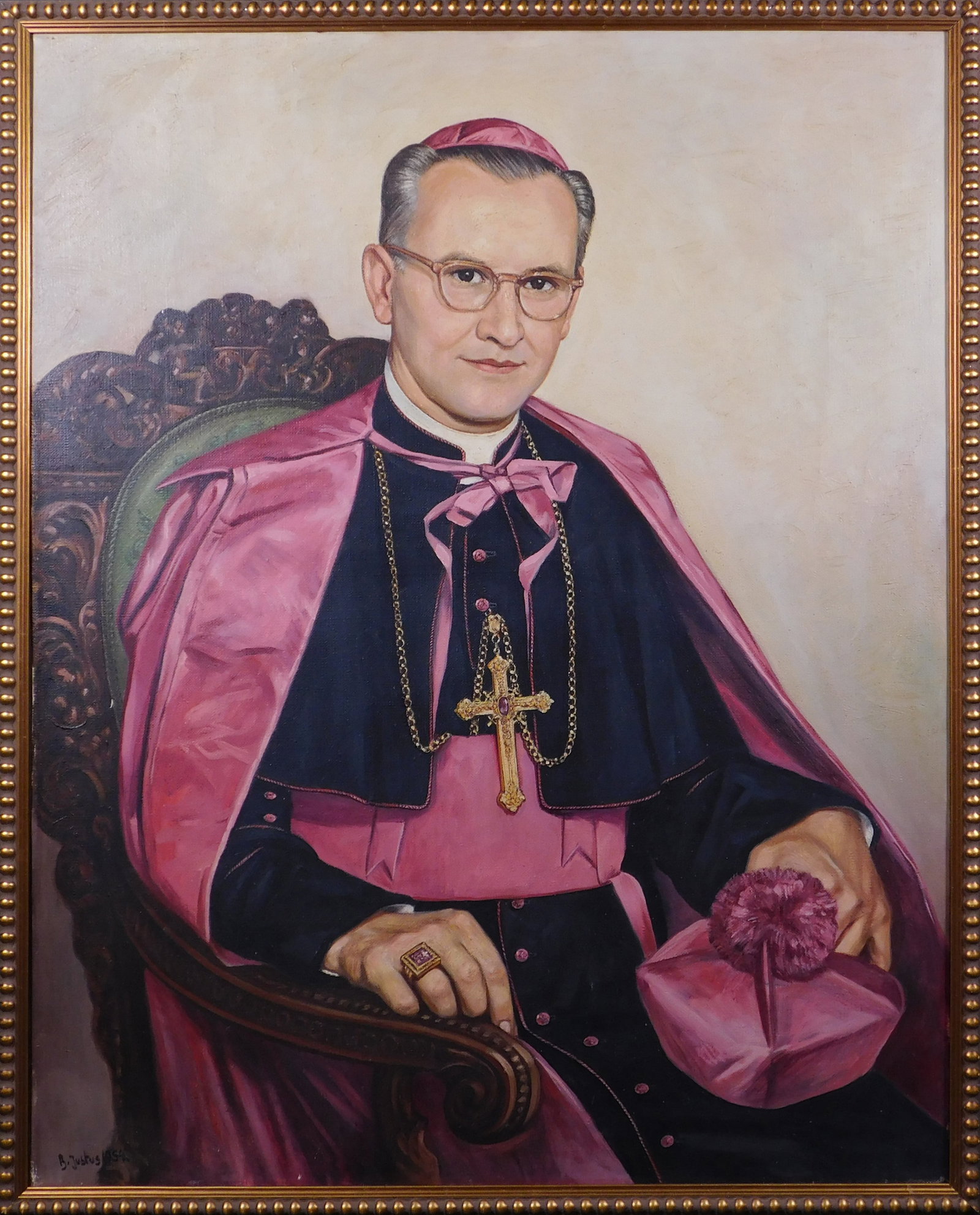 B. Justus: Cardinal Portrait: B. Justus (20h Century): Cardinal Portrait, 1954. Oil on canvas, signed and dated lower left, framed, German stamp verso. 31 x 25 inches framed; 27.25 x 23.75 inches canvas. Private collection,