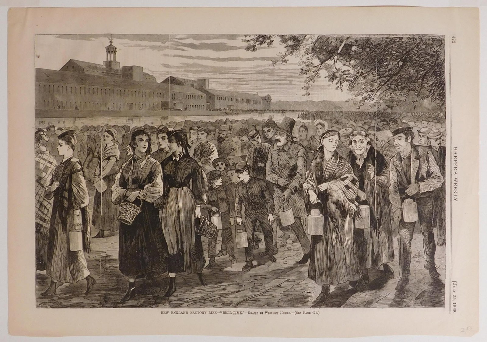 After Winslow Homer: New England Factory Life "Bell-Time": After Winslow Homer (American, 1836-1910): New England Factory Life "Bell-Time", from Harper's Weekly, July 25,1868. Wood engraving on paper. Unframed, mounted to mat board. In 1868, Winslow Homer too