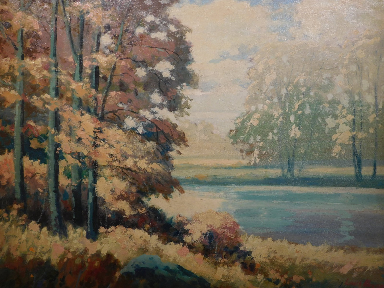 Louis Meynell: Landscape Painting: Louis Meynell (b. 1868)Attributed: Landscape painting. Oil on board signed lower right framed. 22 x 30 Painting Size/ 26 x 34 Frame Size Property of a Massachusetts estate. Good aged condition: small