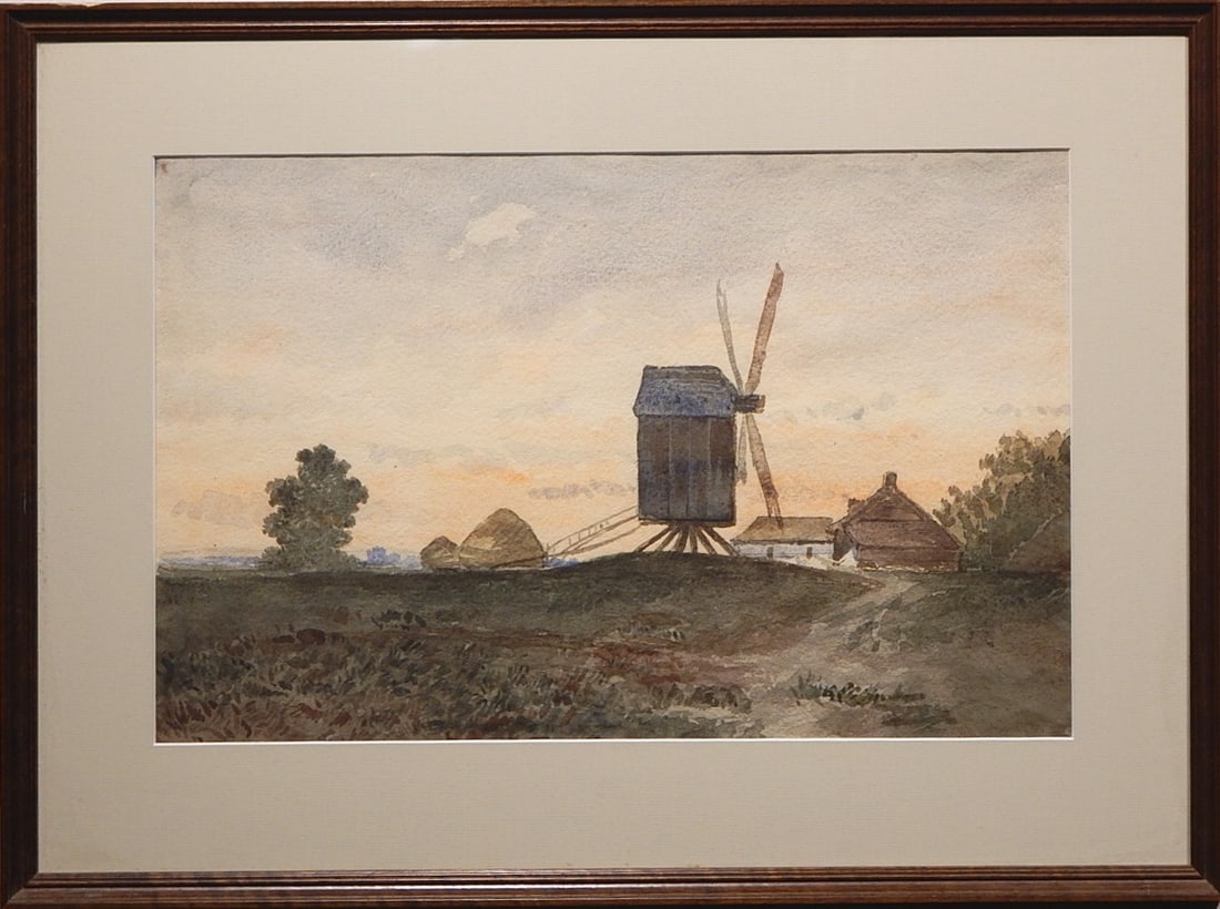 Dutch Farm Landscape w/ Windmill & Grain Stacks: Dutch Farm Landscape with Windmill and Grain Stacks, c.1880. Watercolor, unsigned, framed. 16 x 10.25 inches sight, 21.75 x 16 inches framed. Private Collection, New England Good condition. NOTE: If