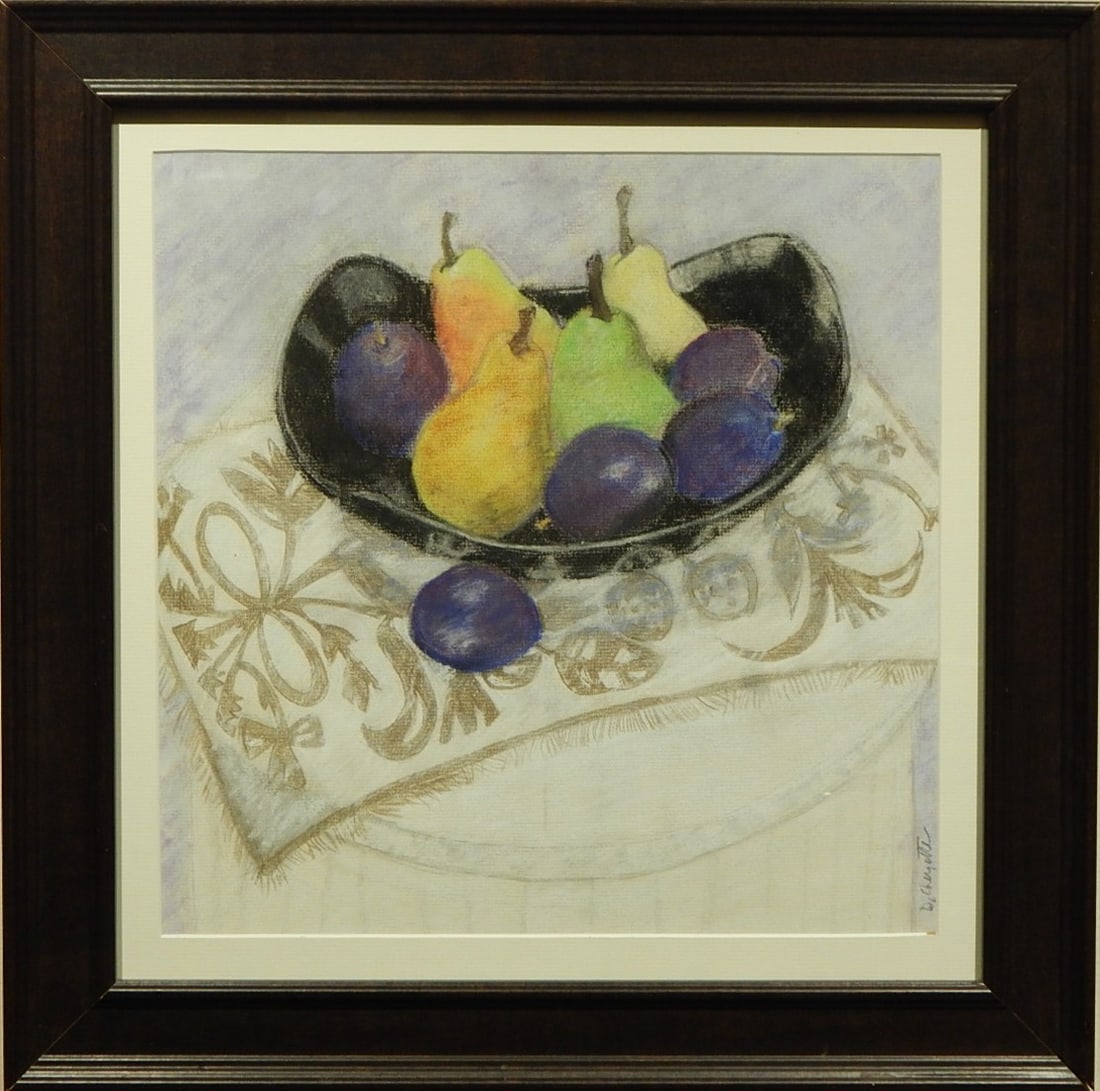 Dina Cheyette: Pears and Plums Still Life: Dina Cheyette (American, 20th C): Pears and Plums Still Life. Pastel on canvas paper, signed lower right, framed. 20 x 20 inches framed. Very good condition. NOTE: If documentation is not listed, the