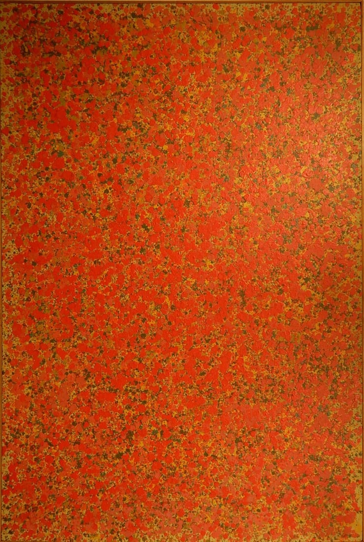 Plenum: IC: Plenum (20th Century): IC, 1972. Large Mid Century Modern Abstract Composition in Red Dots. Oil on canvas in artist made frame. Signed, dated, and titled verso. 54.5 x 36.5 inches framed; 54 x 36