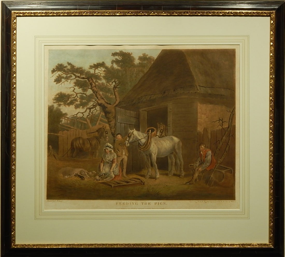George Morland: Feeding the Pigs: George Morland (British, 1762 - 1804): Feeding the Pigs, 1801. Mezzotint on paper, printed by John Raphael Smith (British, 1751-1812), professionally framed. A farmyard with a thatched stable on the