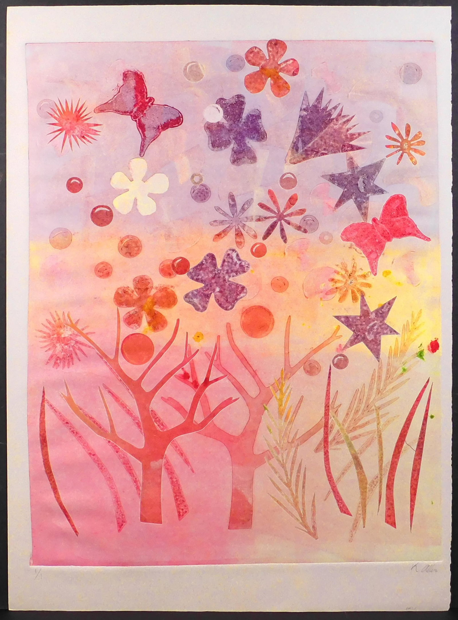 K. Allen: Warm Spring: K. Allen (American, 20th Century): Warm Spring. Monotype on heavy rag paper, signed and numbered (1/1) in pencil. Inventory number in pencil on the edge. Unframed. 28 x 20 inches paper; 24 x 18
