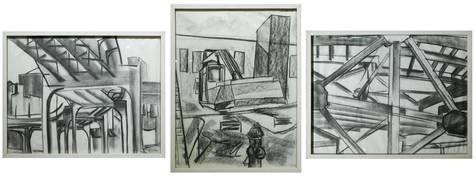 Maria Razika: Big Dig Construction Site Triptych: Maria Razika: Big Dig Construction Site. Three charcoal drawings on paper, signed lower right, framed. Frame size is 25x19 inches each. Private collection, Boston. Good condition, minor scuffs on the 