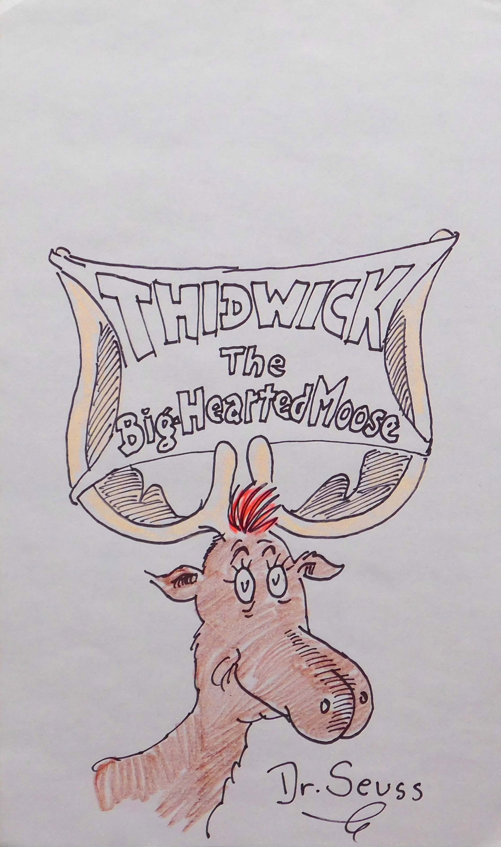 Dr. Seuss, Attributed: Thidwick The Big Hearted Moose: Dr. Seuss (American, 1904-1991) Attributed: Thidwick The Big Hearted Moose. Pen and ink and crayon on bond paper, signed lower right, unframed. Theodor Seuss Geisel was an American author, political