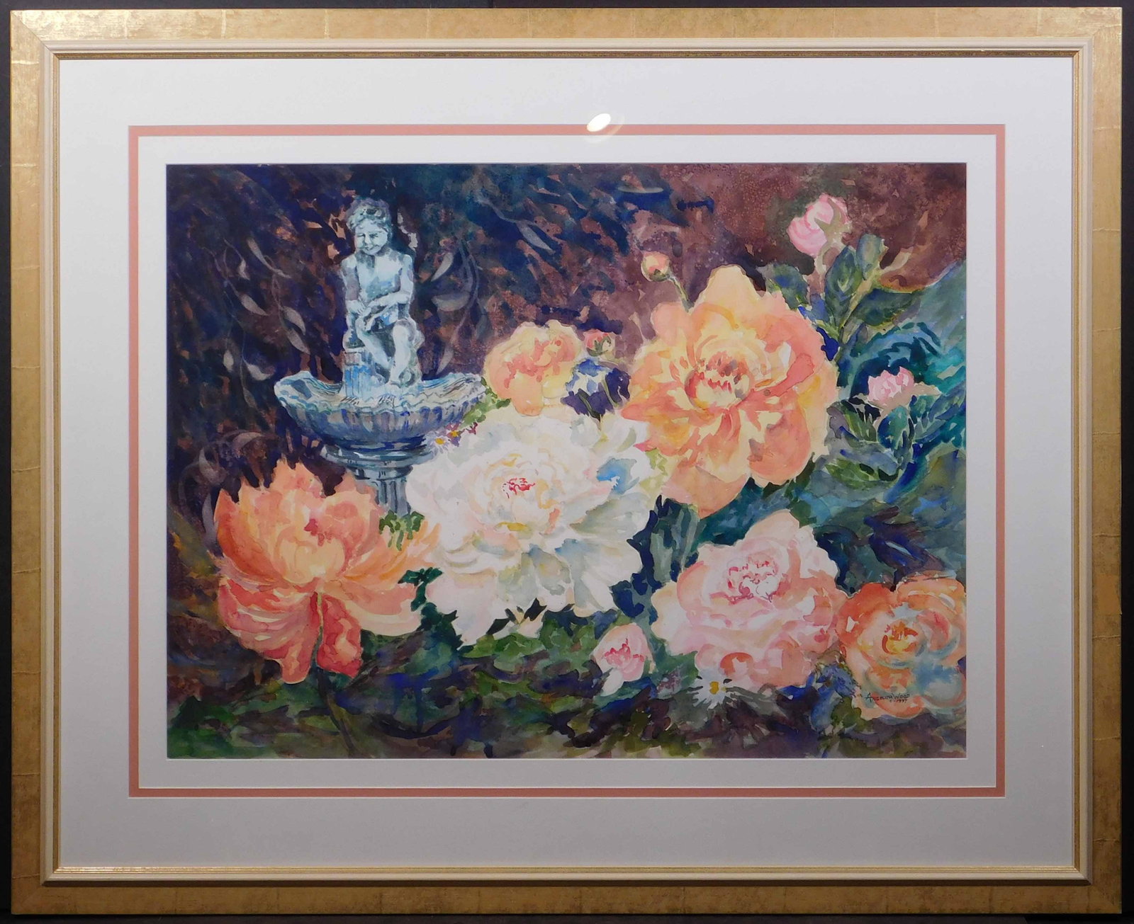 Angelina Wood: Peony Garden: Angelina Wood (American, 1930-2003): Peony Garden, 1997. Watercolor on cold pressed paper, signed lower right, professionally matted and framed. Angelina was a well known regional artist in Southern M