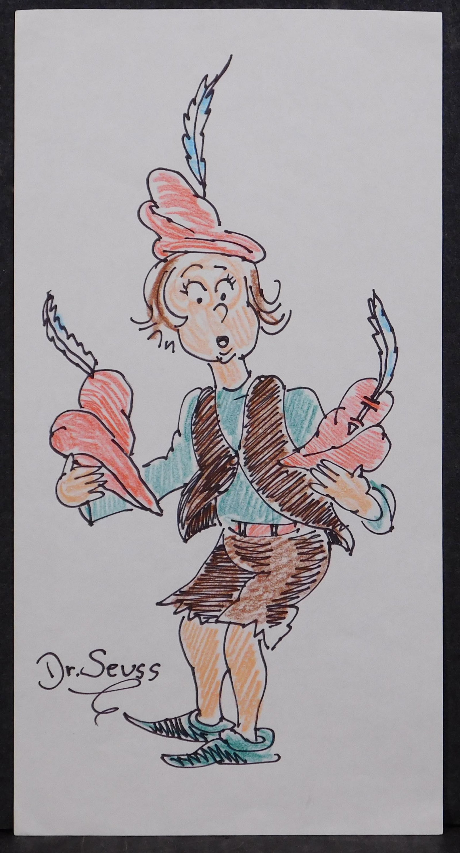 Dr. Seuss, Manner of: 500 Hats of Bartholomew Cubbins: Dr. Seuss (American, 1904-1991) Manner of: 500 Hats of Bartholomew Cubbins. Crayon and ink on bond paper, signed below. Unframed. Theodor Seuss Geisel was an American author, political cartoonist,