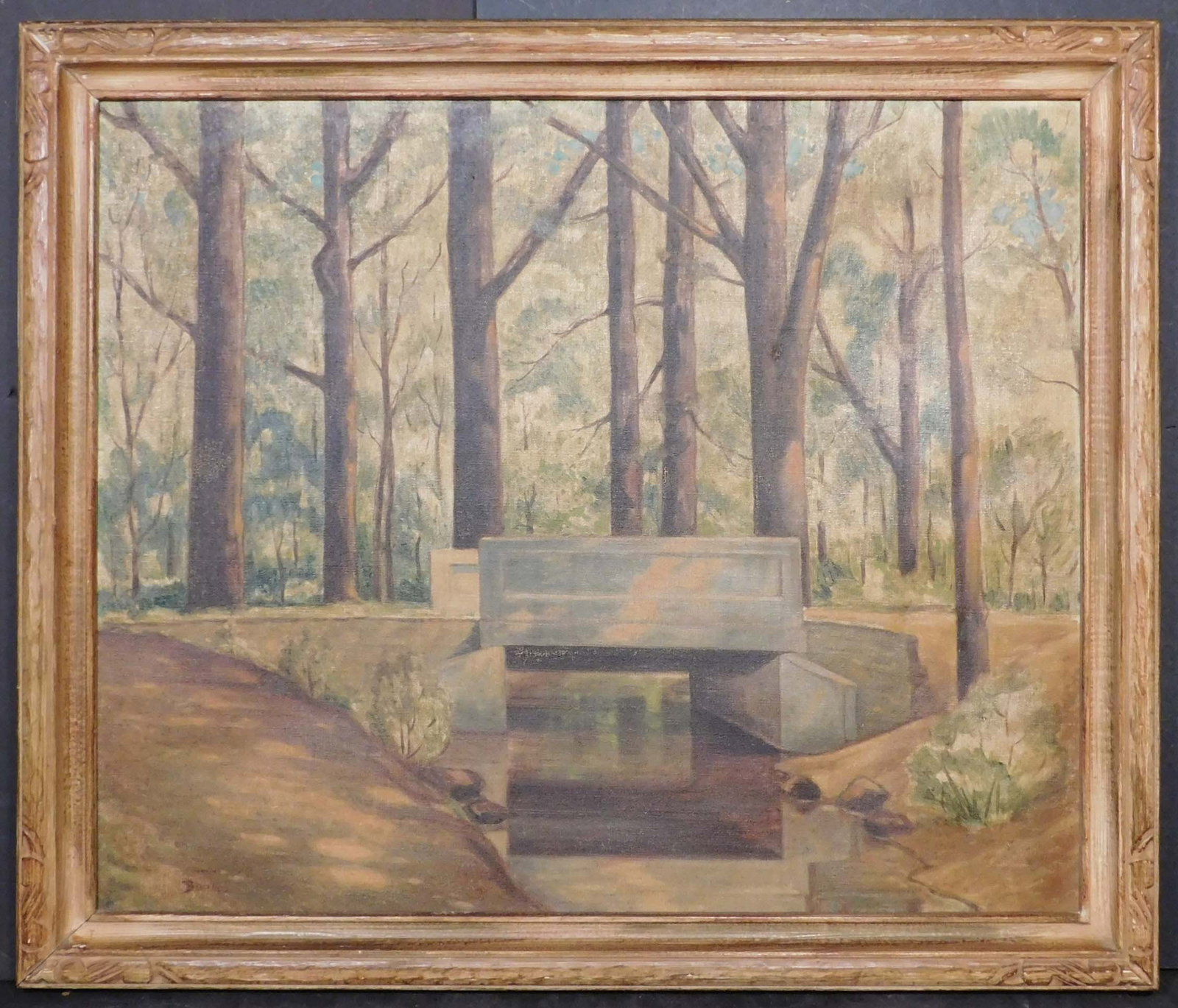 Robert Bauer: Stream in Woods: Robert Bauer (Austria/ America, 1892-1957): Stream in Woods. Oil on canvas, signed and dated (1941) lower left. Signed again with title verso. Robert Bauer was a commercial artist with a