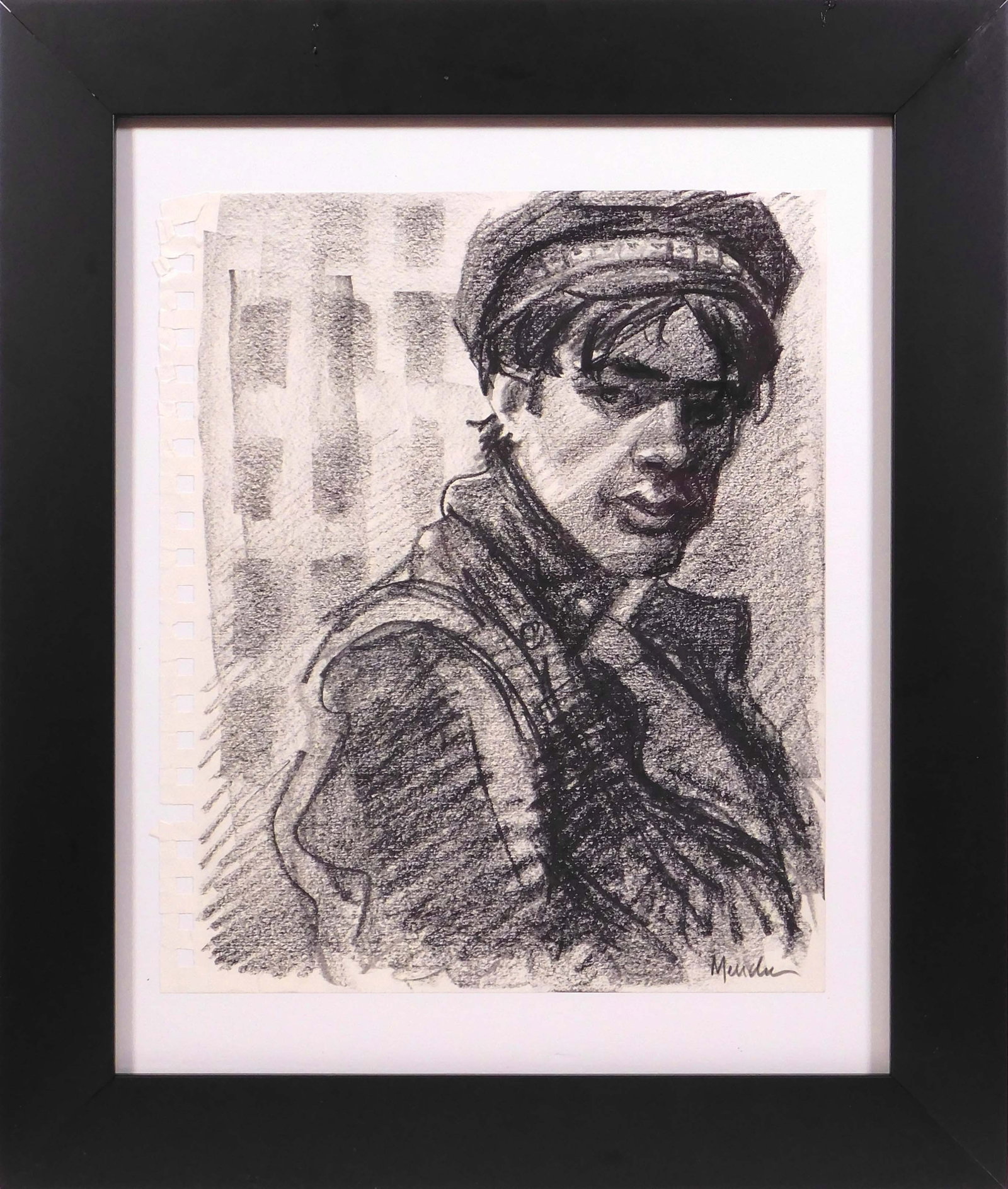 Kenney Mencher: Sketch of a Man in a Cap (Benjamin): Kenney Mencher (American, b. 1965 ): Sketch of a Man in a Cap (Benjamin). Charcoal on paper, signed and framed.