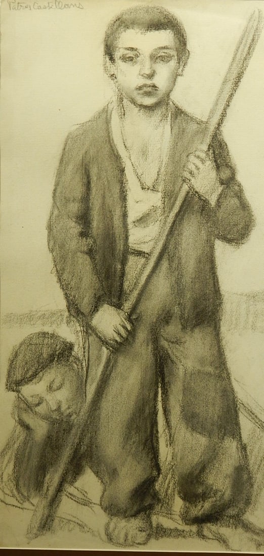 Continental School (Spanish) Castilian Shepherds: Continental School (Spanish, 19th c): charcoal on paper, signed Patres Castellans, framed. 9 x 18.75", 15 x 25" frame Private collection, New England, USA. Good aged condition NOTE: If documentation i