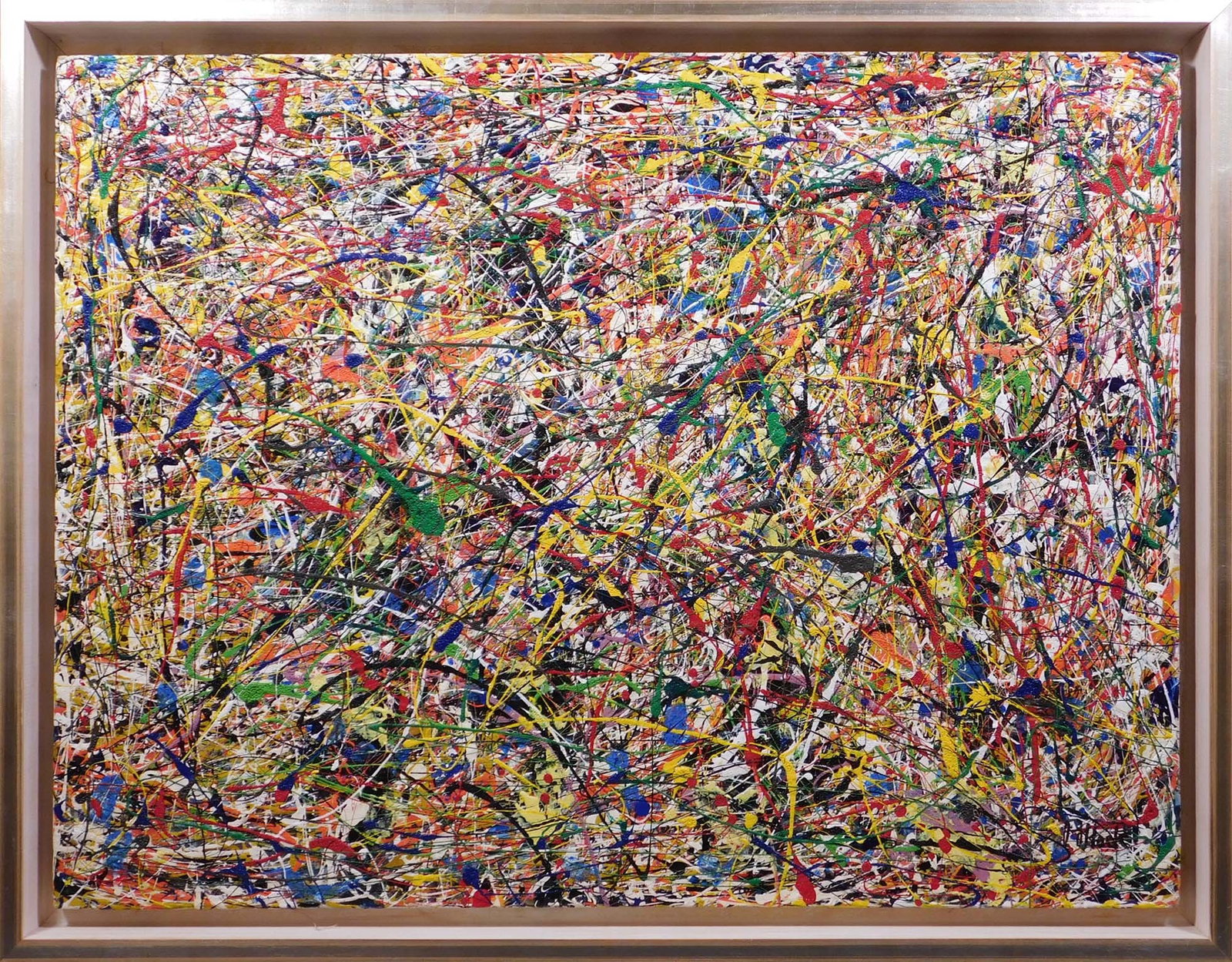 Jackson Pollock, Manner of : Abstract Composition: Manner of Jackson Pollock: Abstract Composition. Enamel on canvas, signed lower right, framed, import sticker verso. 26.5 x 34 inches framed; 3.5 x 31.5 inches canvas. Private collection, Boston,