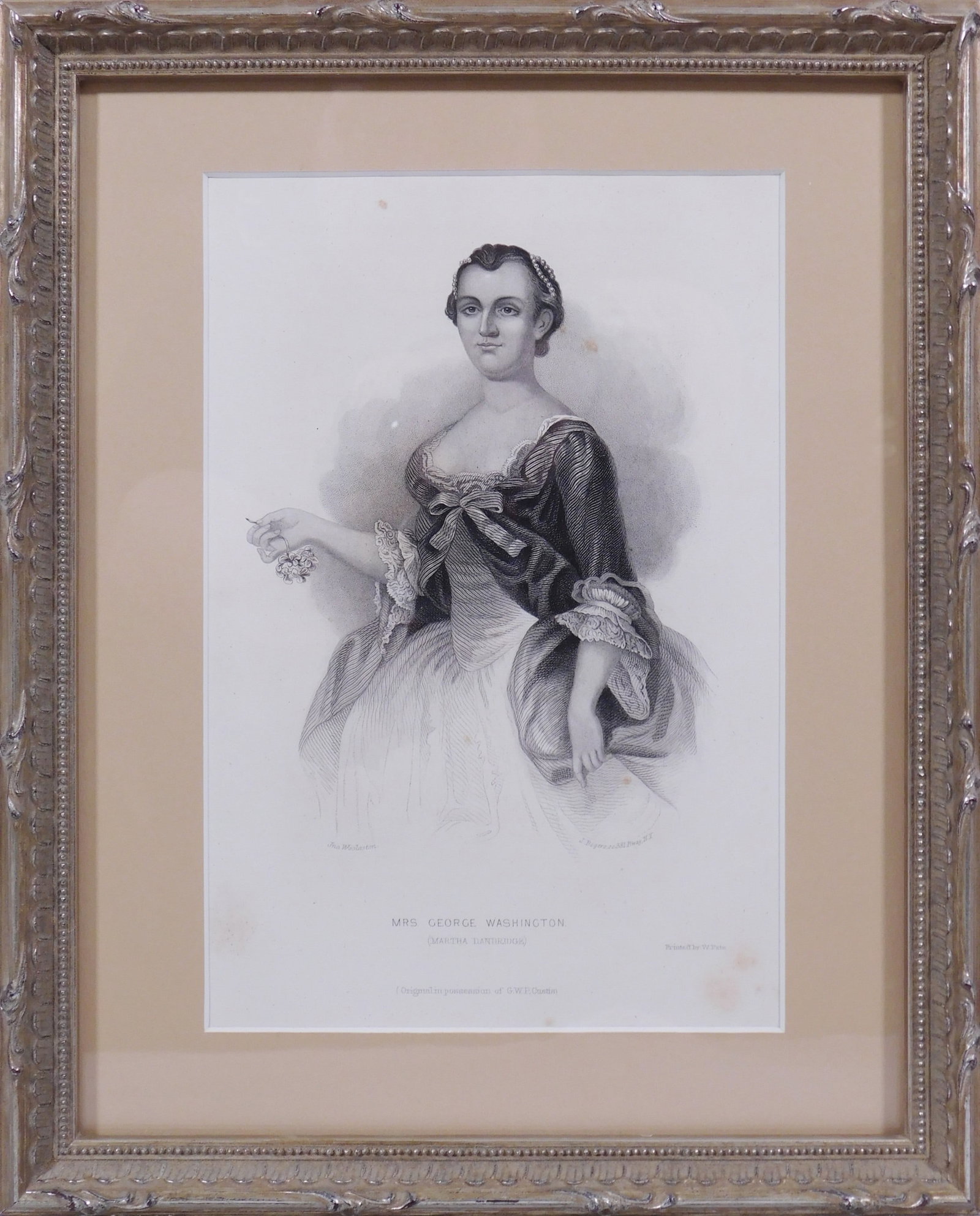 John Wollaston: Mrs. George Washington: John Wollaston (English, 1710-1775), printed by William Pate (American, active c. 1849-1865): Mrs. George Washington (Martha Dandridge). Print, painter and printer name engraved in plate, framed.