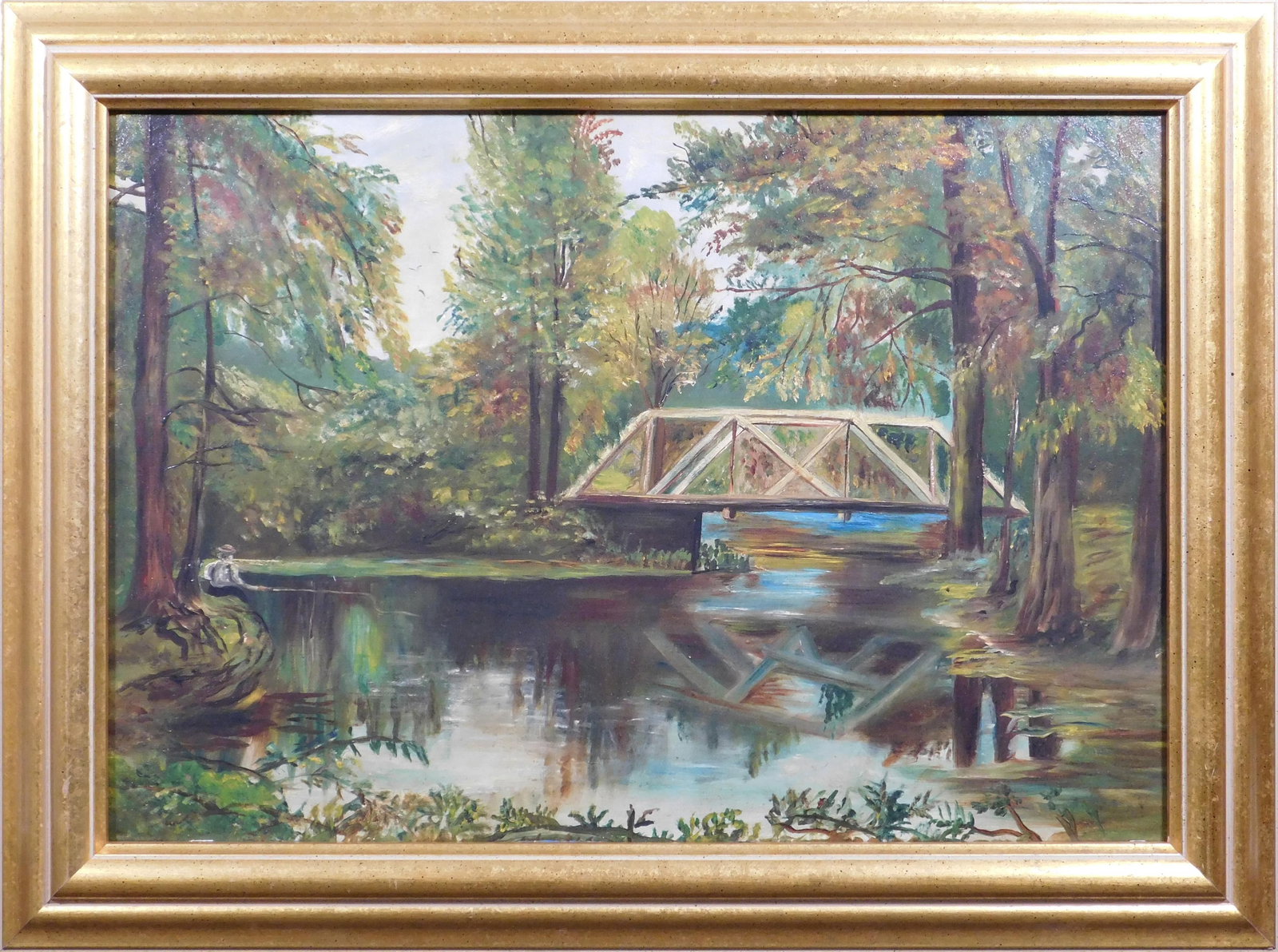 American School: Man Fishing on a Placid River: American School: Man Fishing on a Placid River, ca 1910. Unsigned, Oil on canvas, framed. This painting ia accompanied by a hand written conservation notes from 1978, the note reports there was a sign