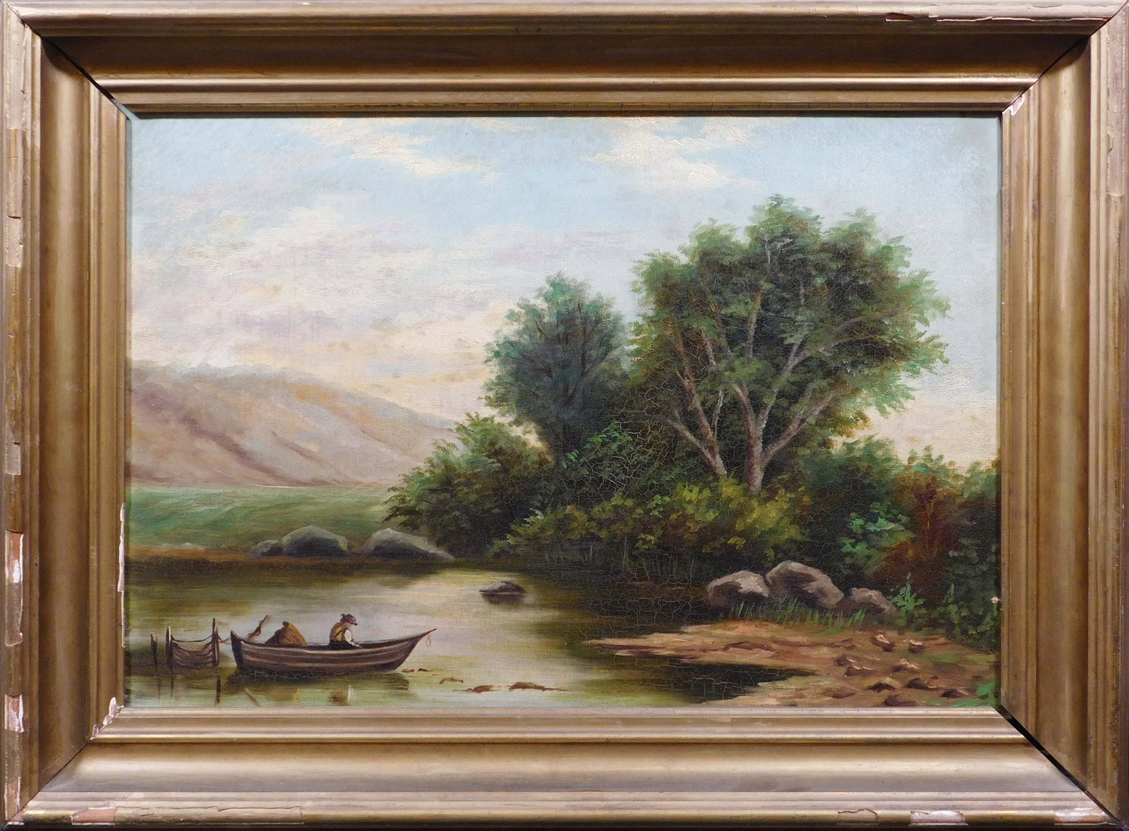Fisherman Setting a Weir: Fisherman Setting a Weir, ca late 19th Century. Oil on canvas, framed. This painting is a tribute to the simplicity and beauty of rural life, and would make an excellent addition to any collection of