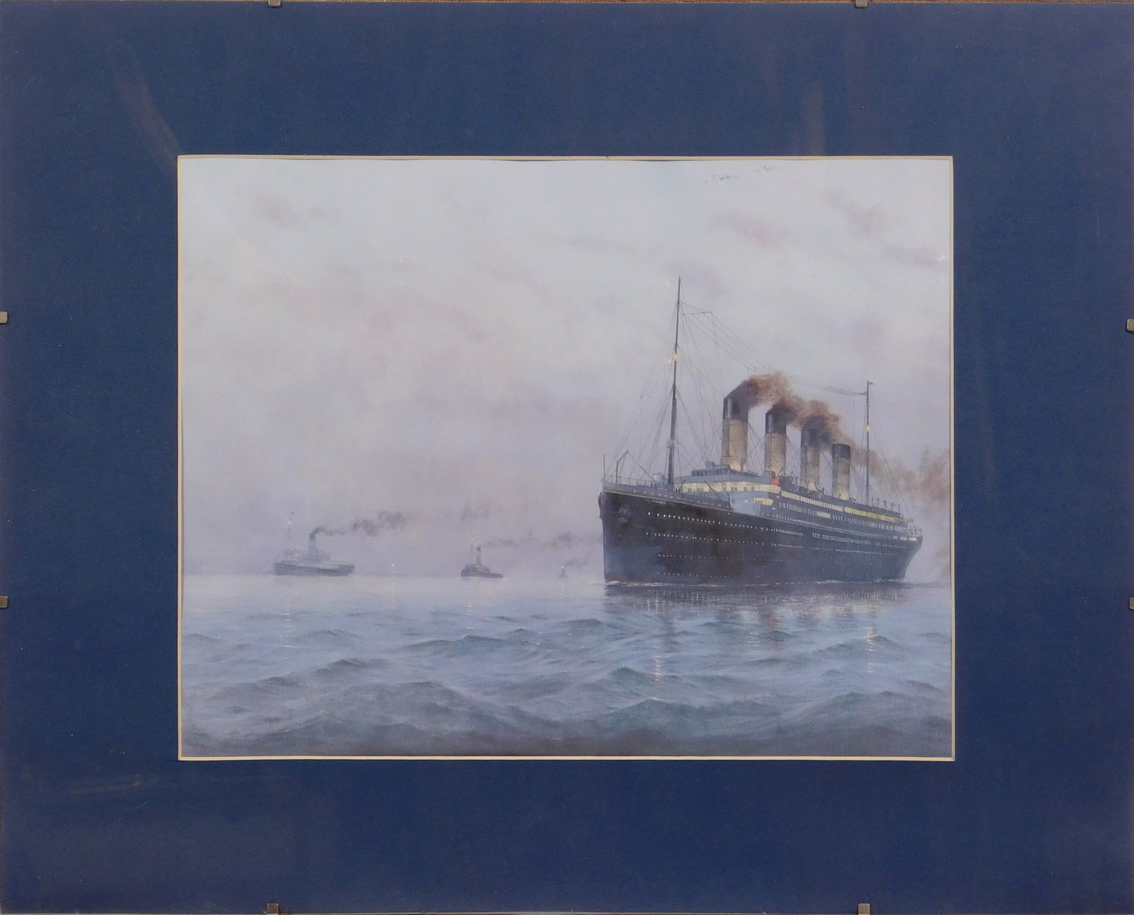 Edward Walker: Titanic into the Night: Edward Walker (20/21st century, United Kingdom): Titanic into the Night. Offset lithograph on wove paper, set in borderless frame with mat. Depicted on her last departure from Belfast on the evening