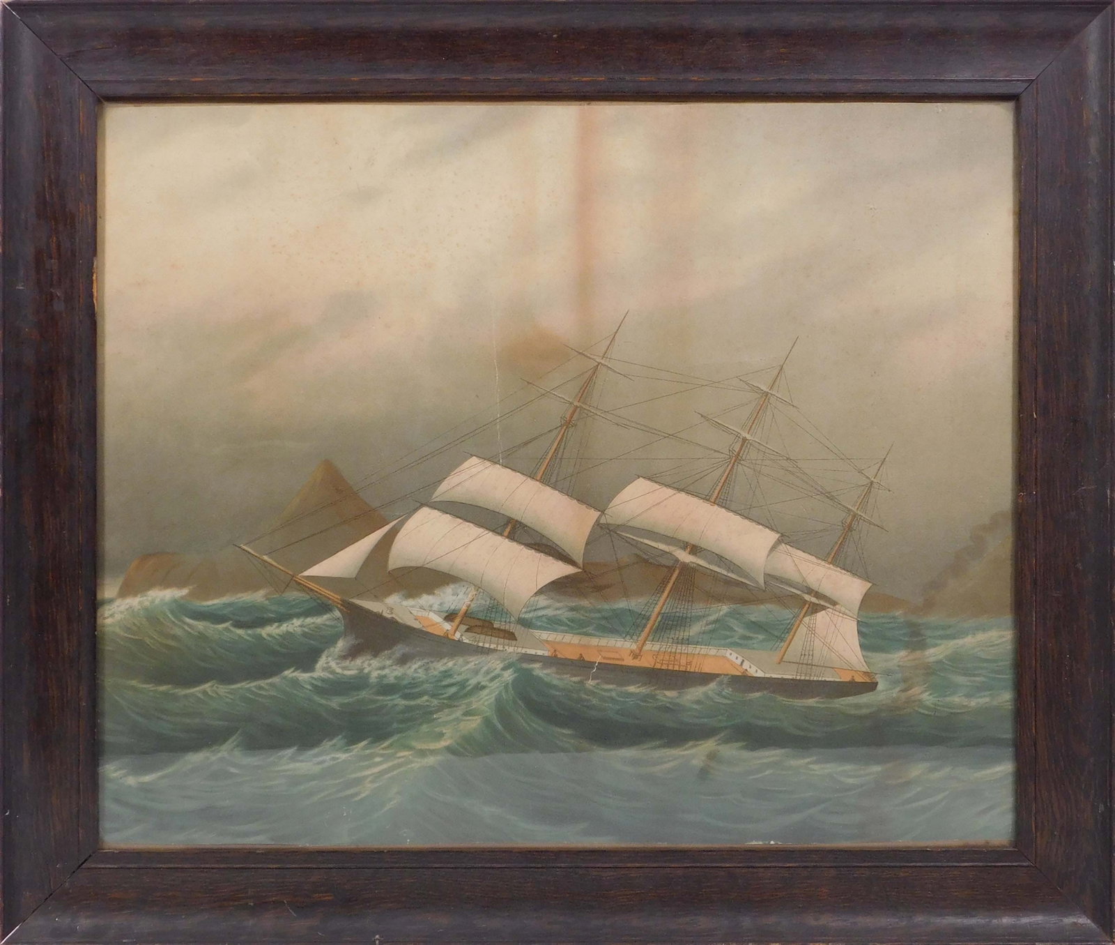 Tempest Seascape: Tempest Seascape, ca late 19th Century: Hand colored Lithograph, in original frame from Frame and Mirror Co. Haymarket. 19 x 22.5 inches framed; 15.25 x 19 inches paper. Private collection, New Englan