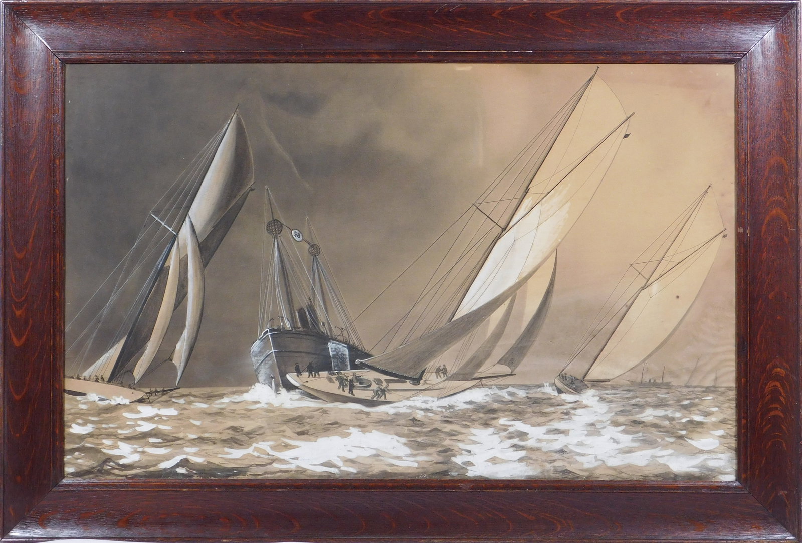 Yacht Race: Yachts rounding a light ship, unsigned, early 1900's. Ink and tempera on brown paper, framed. This painting is a must-have for any collector of nautical art or for those who appreciate the beauty and