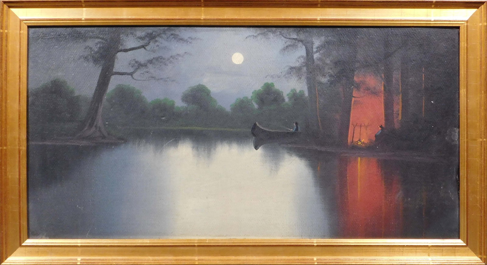 Evening Camping Scene: American School: Evening Camping Scene. Early 20th Century. Oil on illustration board, framed. This painting would make a perfect addition to any collection of outdoor or nature-inspired art, or as a 