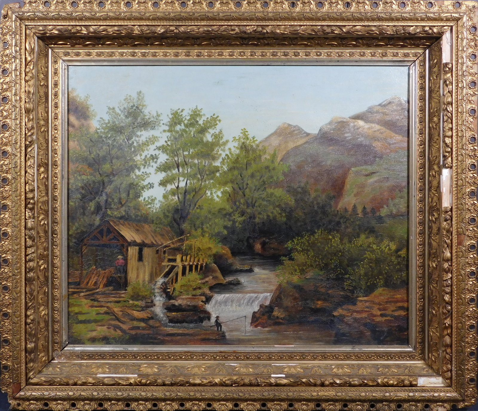 Pioneer Fishing in a Western Landscape: Pioneer Fishing in a Western Landscape. Oil on board, framed. This painting is a tribute to the pioneers who carved a life out of the wilderness, and would make an excellent addition to any