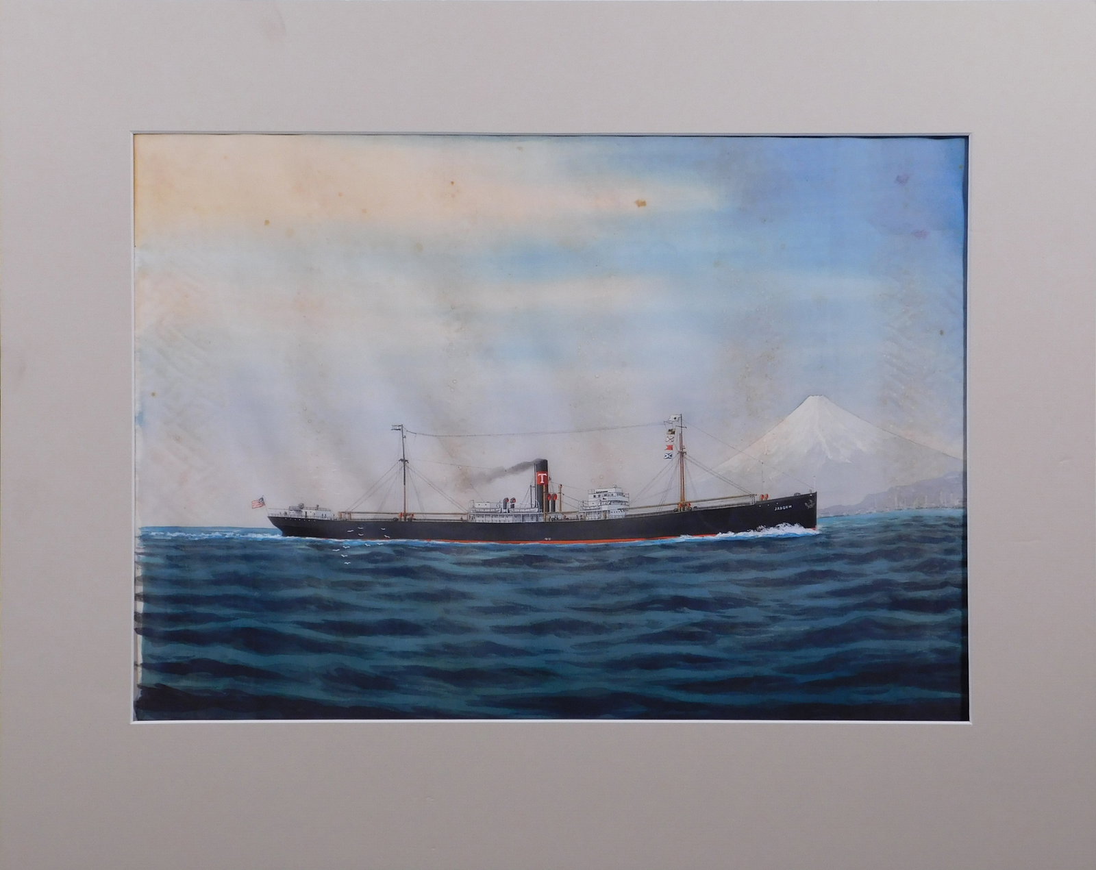 LVBM Jadden Ship in front of MT Fuji: LVBM Jadden Ship in front of MT Fuji. Tempera and ink on muslin, titled in left margin, mounted to foam core, and fitted with a mat, unframed. 20 x 25 inches with mat; 15.5 x 21 inches canvas.