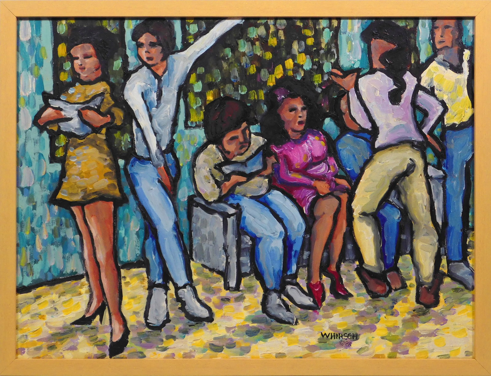 W. Hirsch: Living Assembly: W. Hirsch (American, 20th Century): Living Assembly. Oil on canvas, signed and dated below, framed. This captivating painting is a modern masterpiece, blending impressionist brushwork with a contempor