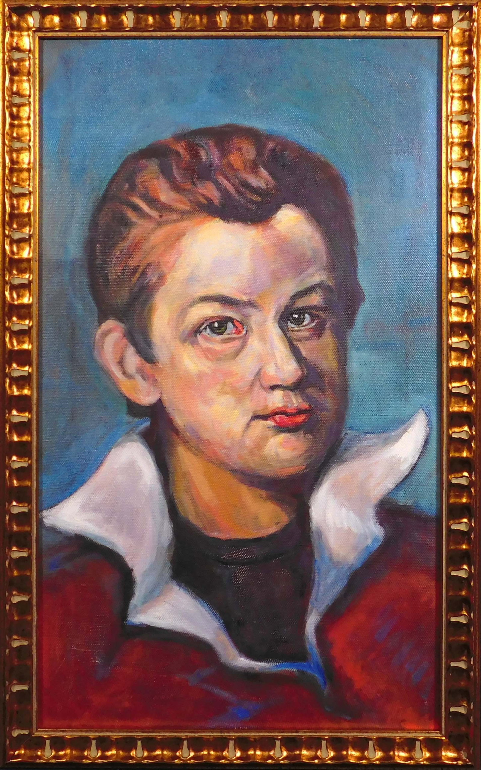A Man with Flipped Collar (School of Lucian Freud): A Man with Flipped Collar (School of Lucian Freud): Oil on canvas, professionally framed. 30.75 x 18.5 inches framed; 28 x 16 inches canvas. Private collection, New England, USA. Excellent condition;