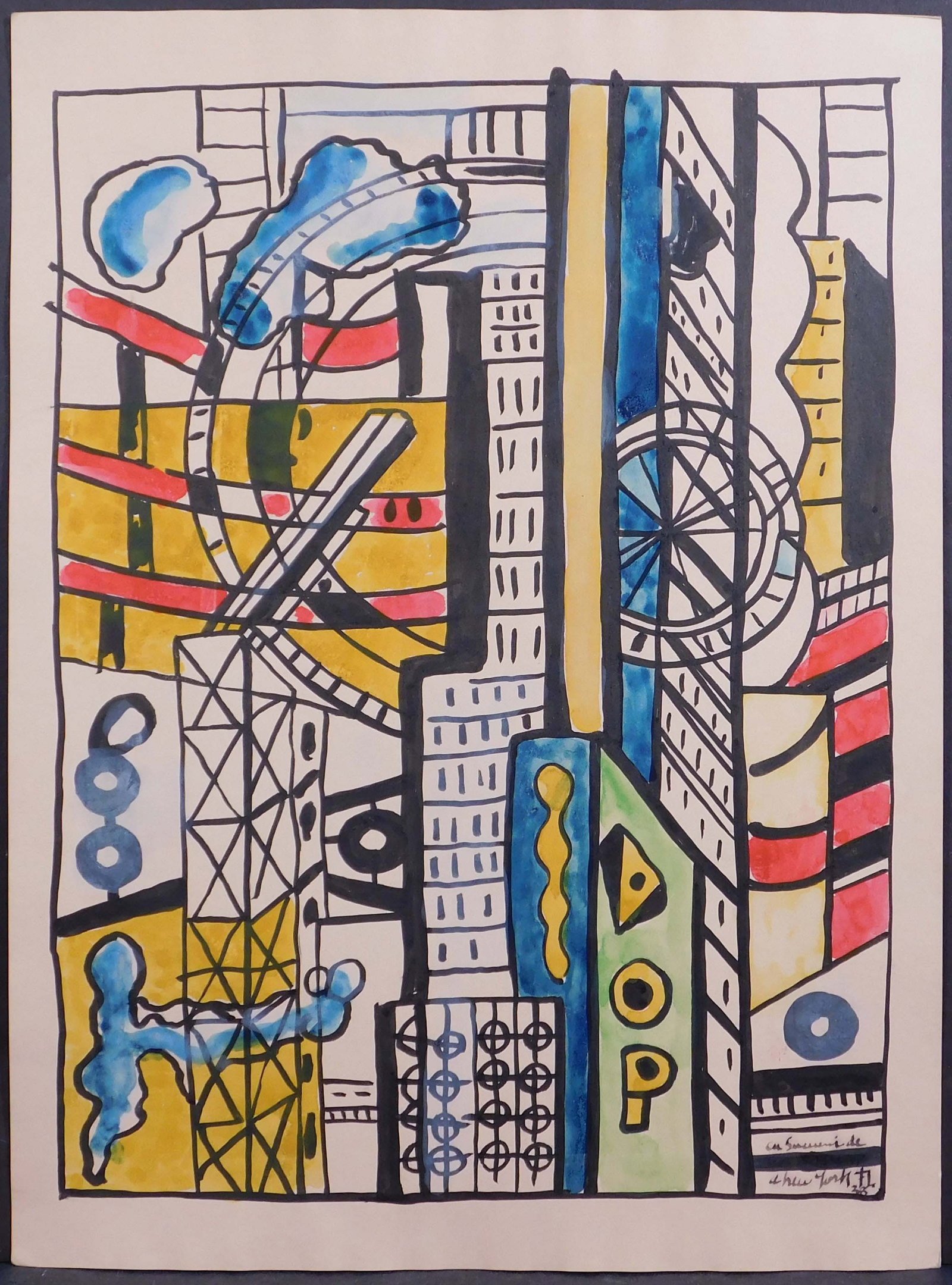 Fernand Leger, Attributed: Souvenir de New York: Fernand Leger (French, 1881-1955), Attributed: Souvenir de New York, ca 1938. Pen and ink and watercolor on paper, signed, titled, and dated below, unframed. Joseph Fernand Henri Leger was a French pa