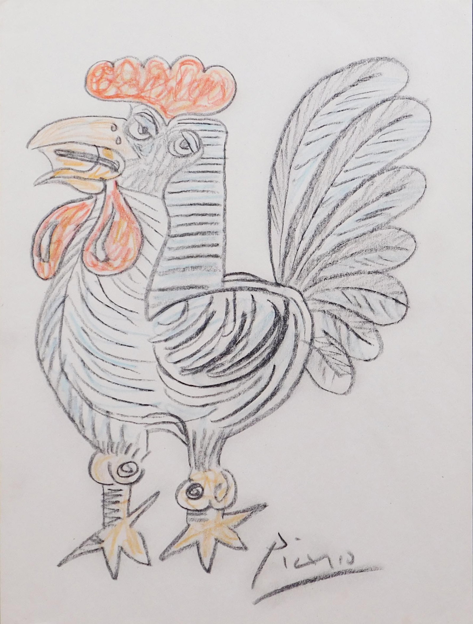Style of Pablo Picasso: Coq.: Style of Pablo Picasso (Spanish, 1881-1973): Coq. Crayon on paper, signed lower right, framed. 12 x 9 inches paper. Private collection, New York. Very good condition, paper is lightly toned. No notabl