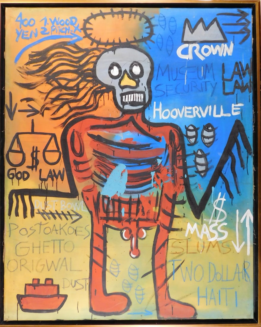 Jean-Michel Basquiat, Attributed: Demon Figure (Demon Greed): Jean-Michel Basquiat (American, 1960-1988) Attributed/ Manner of: Demon Figure (Demon Greed). Oil on canvas, unsigned, framed. Basquiat first achieved fame as part of SAMO, an informal graffiti duo