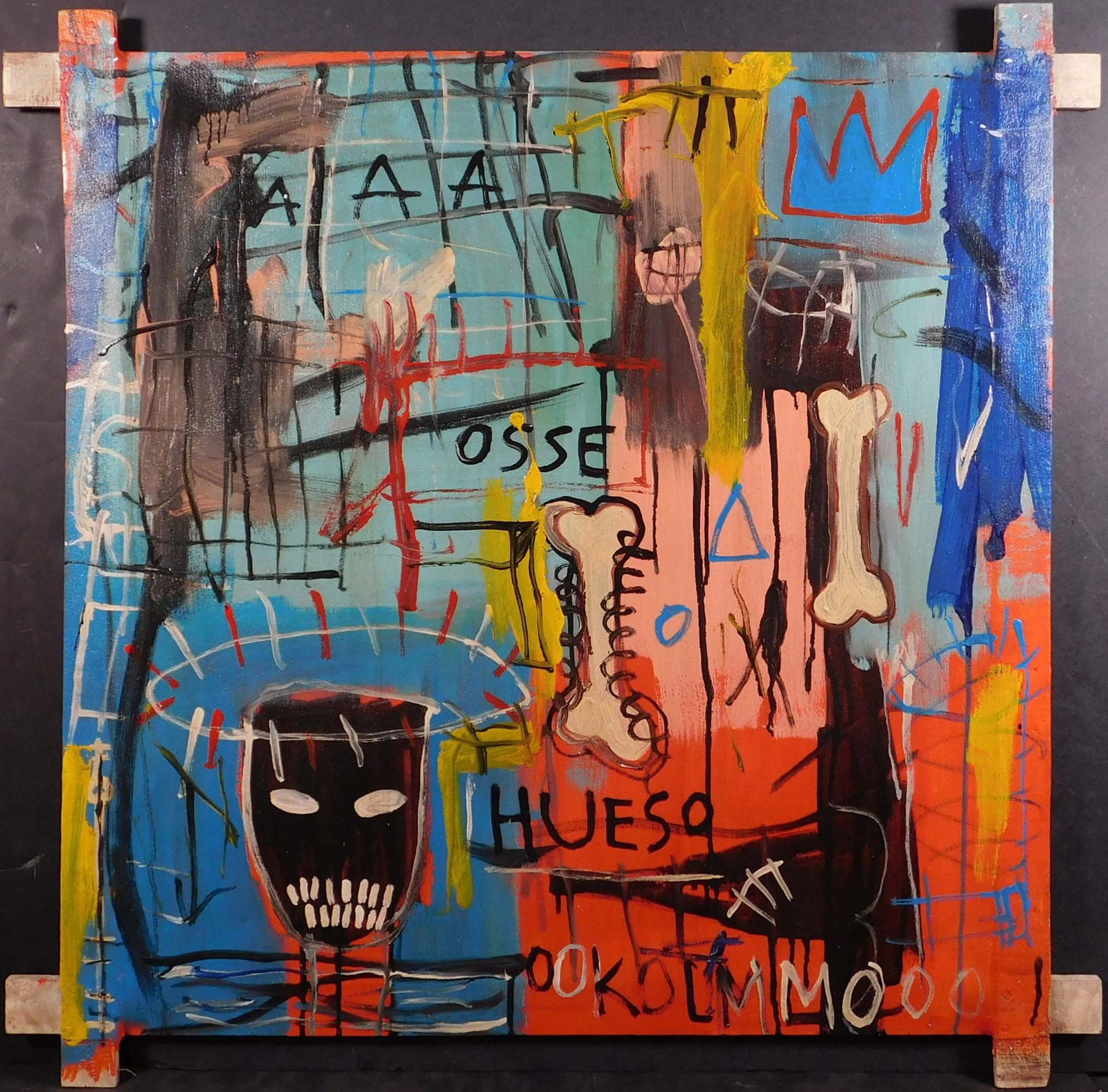 Jean-Michel Basquiat, Attributed: AAA: Jean-Michel Basquiat (American, 1960-1988), Attributed: AAA, 1982. Acrylic on canvas with exposed bars, unframed. Signed and dated verso, decorative label and stamp verso. Basquiat first achieved