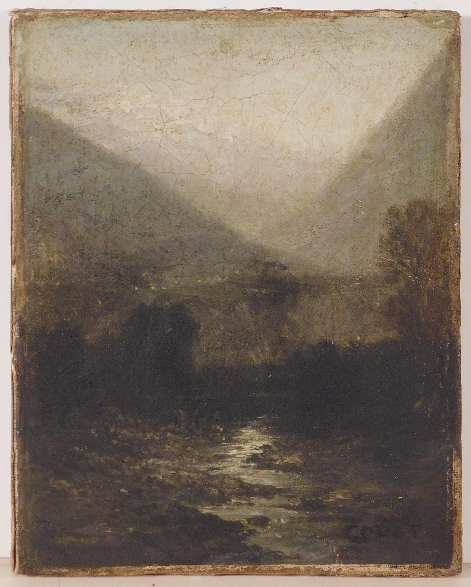 Jean-Baptiste-Camille Corot, Attributed/ manner of: Vallee Solitaire: Jean-Baptiste-Camille Corot (French, 1796-1875) Attributed/ manner of: Vallee Solitaire. Oil on canvas, signed lower right, unframed. Corot was a French landscape and portrait painter as well as a