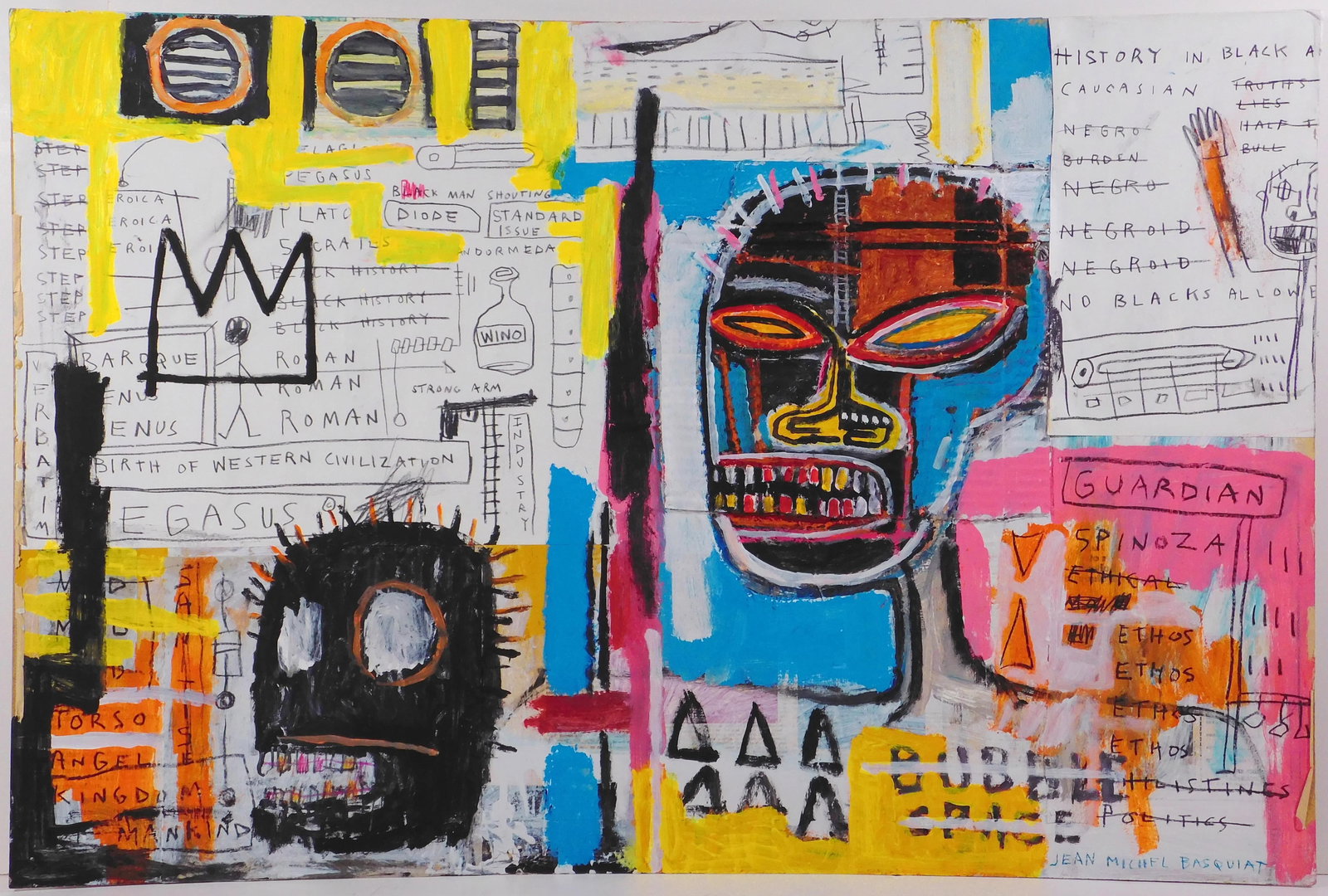 Jean-Michel Basquiat, Attributed: Bubble Grace: Jean-Michel Basquiat (American, 1960-1988) Attributed: Bubble Grace. Mixed media collage on masonite, signed lower right and verso, unframed. Jean-Michel Basquiat was an American artist who rose to