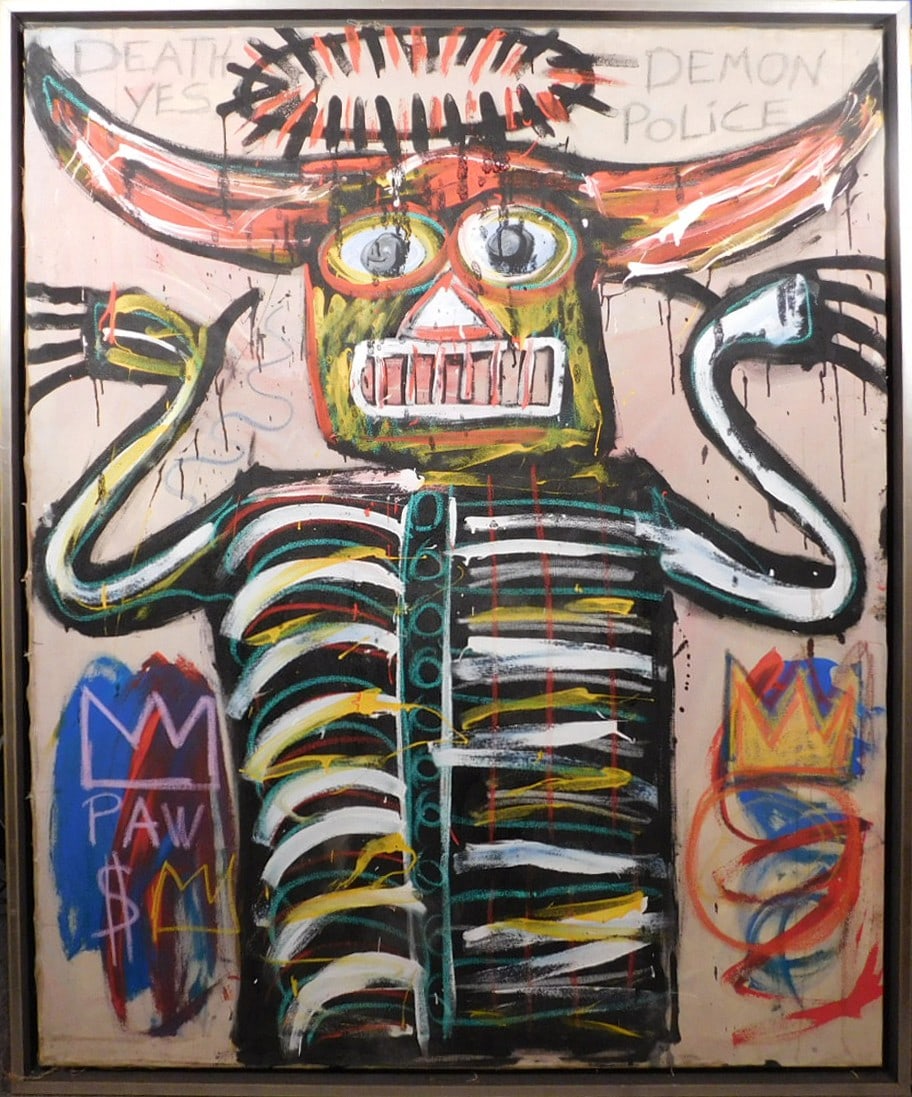 Jean-Michel Basquiat (Manner of): Untitled (Demon Police): Jean-Michel Basquiat (American, 1960-1988)(Manner of): Untitled (Demon Police), oil on canvas, signed verso, Framed. Basquiat first achieved fame as part of SAMO, an informal graffiti duo who wrote