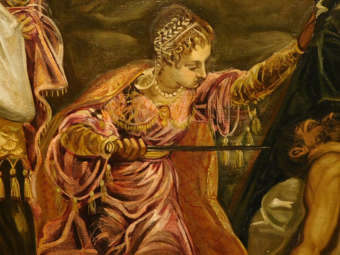 After Tintoretto: Judith and Holofernes, c.1900: After Tintoretto: Judith and Holofernes, c.1900, artist unknown. The original of this painting , made c. 1579 is in the collection of Museo del Prado in Spain. This appears to be a gallery-made copy,